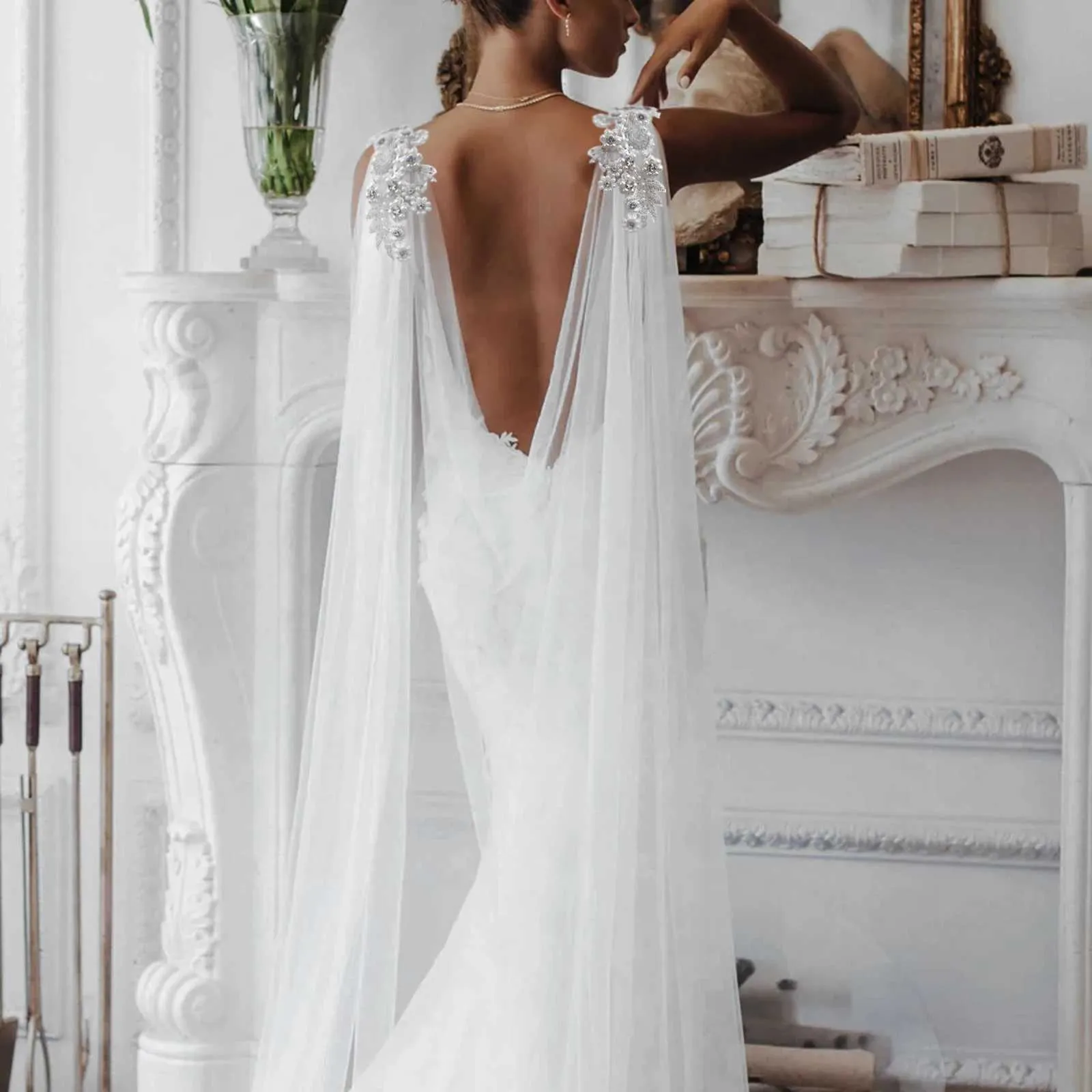 Bruids cape sluier voor dames bruiloft schouderbedekking tule_voghion.com