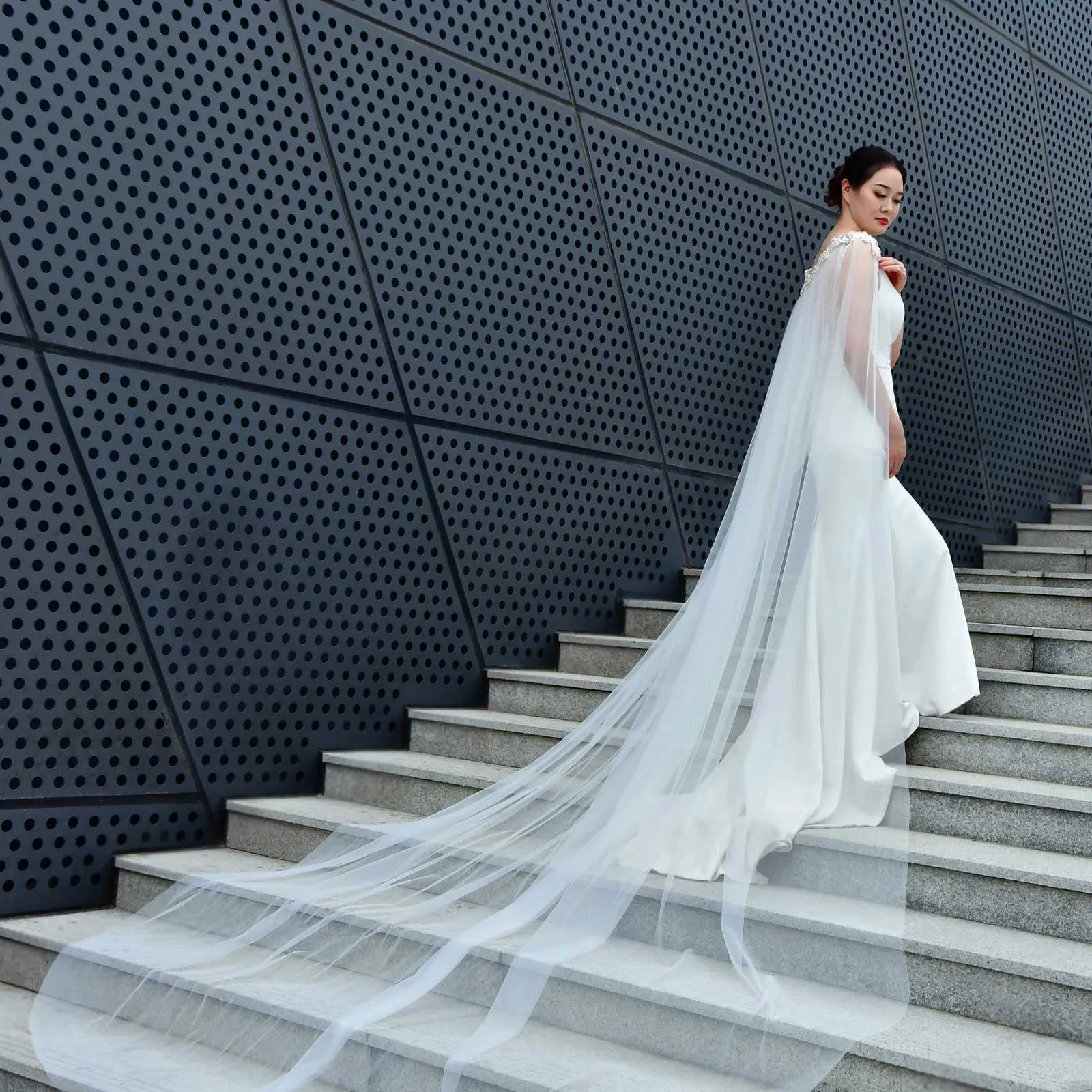 Long Bridal Cape Veil With 3d Flowers Elegant Wedding Shawl_voghion.com