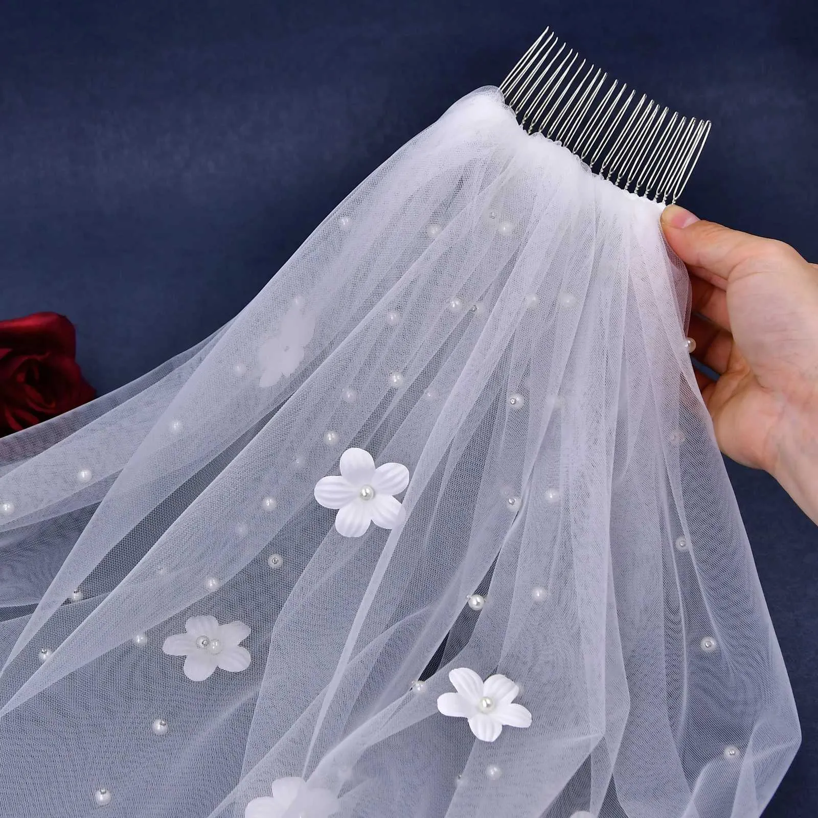 Hair Jewelry V193 Pearls Beaded Wedding Veil 3D Flowers Long Cathedral Soft Bridal Illusion with Comb Elegant Bride_voghion.com