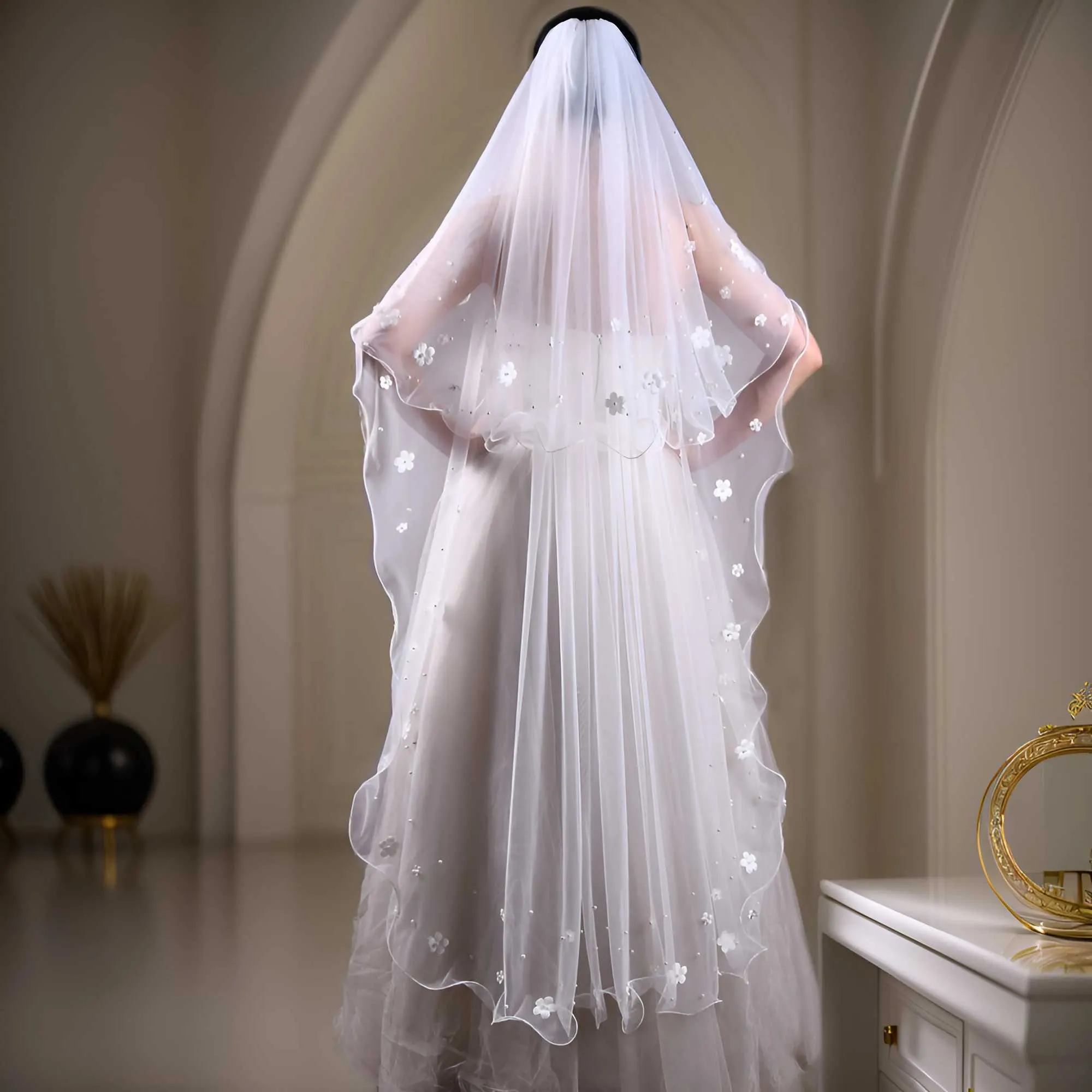Bijoux pour cheveux V217 2 niveaux de voile de perles couvrant le visage fleurs 3D voiles de mariée en tulle souple avec peigne longs accessoires de mariage_voghion.com