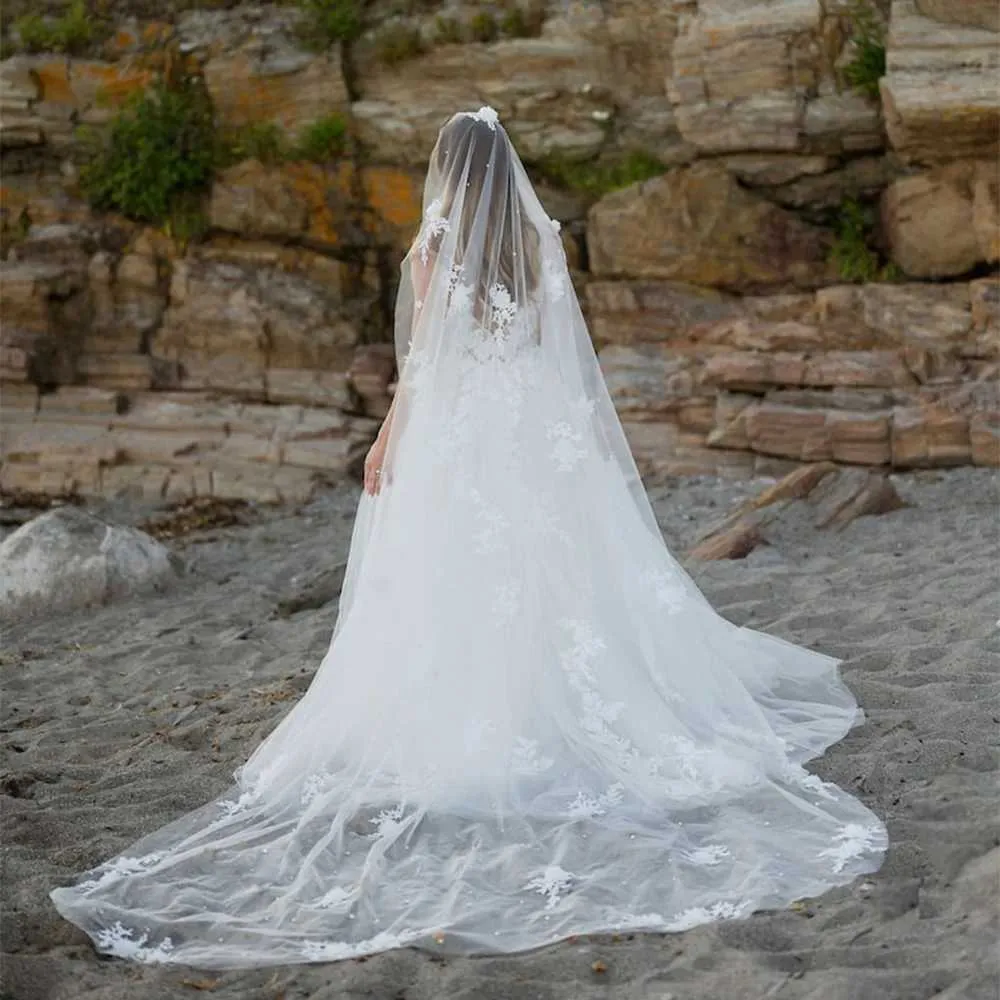 Gioielli per capelli 3D Fiori Veli da sposa Perle Velo 1 strato Lungo Cattedrale veu con pettine Accessori da sposa per la sposa VP56_voghion.com