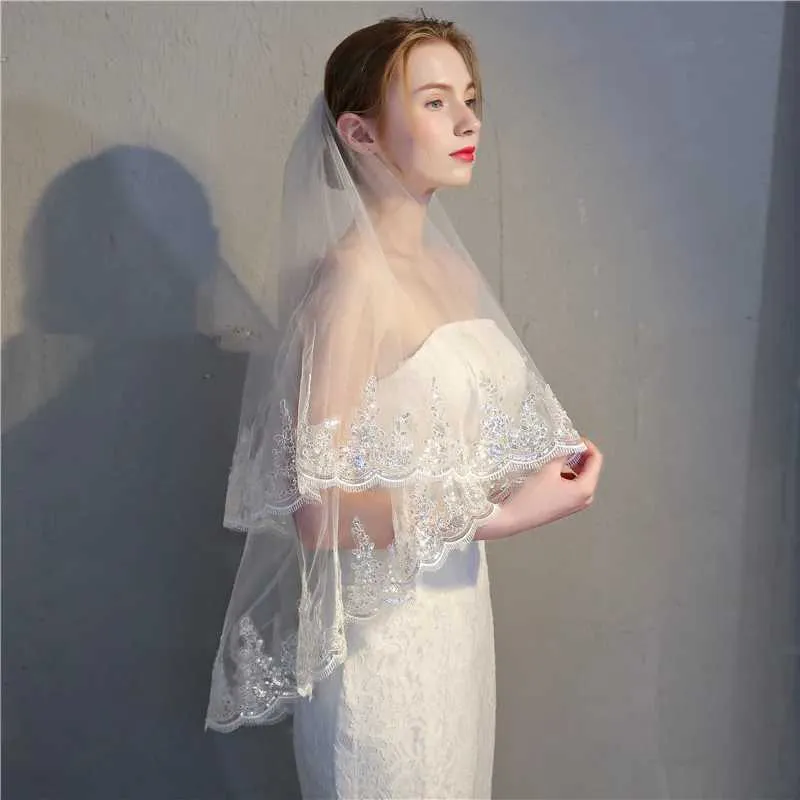 Gioielli per capelli Elegante velo da sposa con bordo in pizzo a due strati con pettine per accessori da sposa_voghion.com