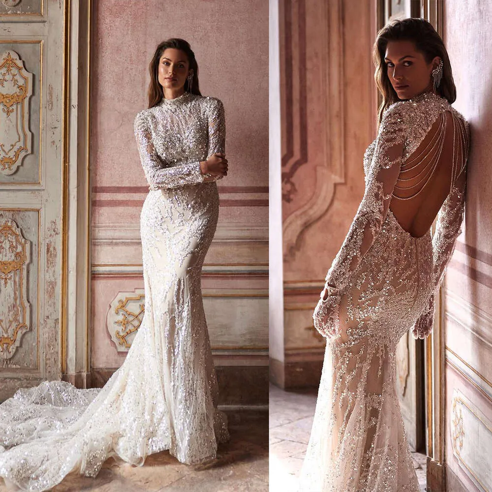 Custom-Made High Neck Lorie Mermaid Wedding Dress with Sequined Lace, Long Sleeves, and Backless - Perfect for Special Occasions
