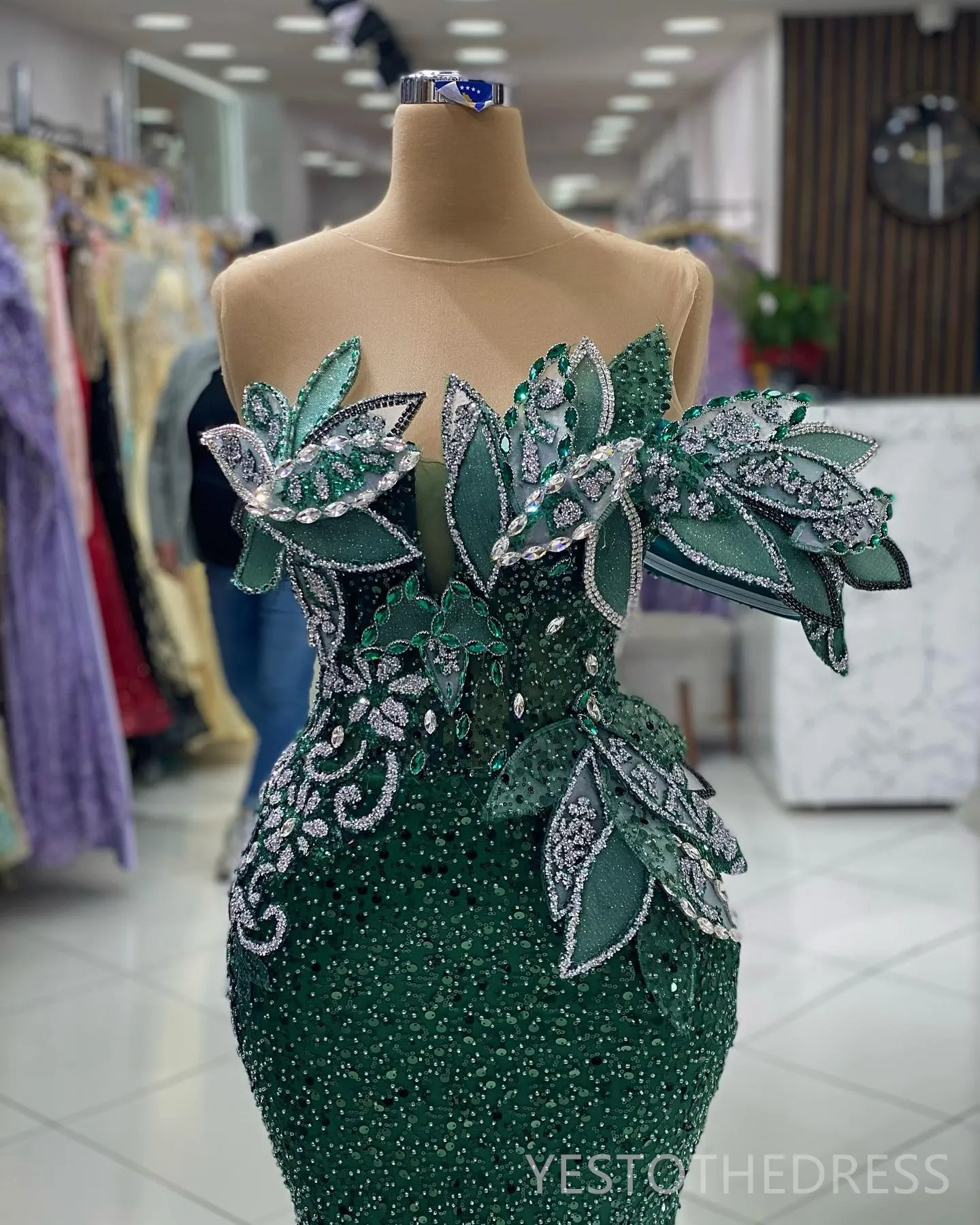 Green Sequin Lace Green Sparkly Prom Dress with Illusion Sheer Neckline and Pearls Decoration - Perfect for Special Occasions, Birthdays, and