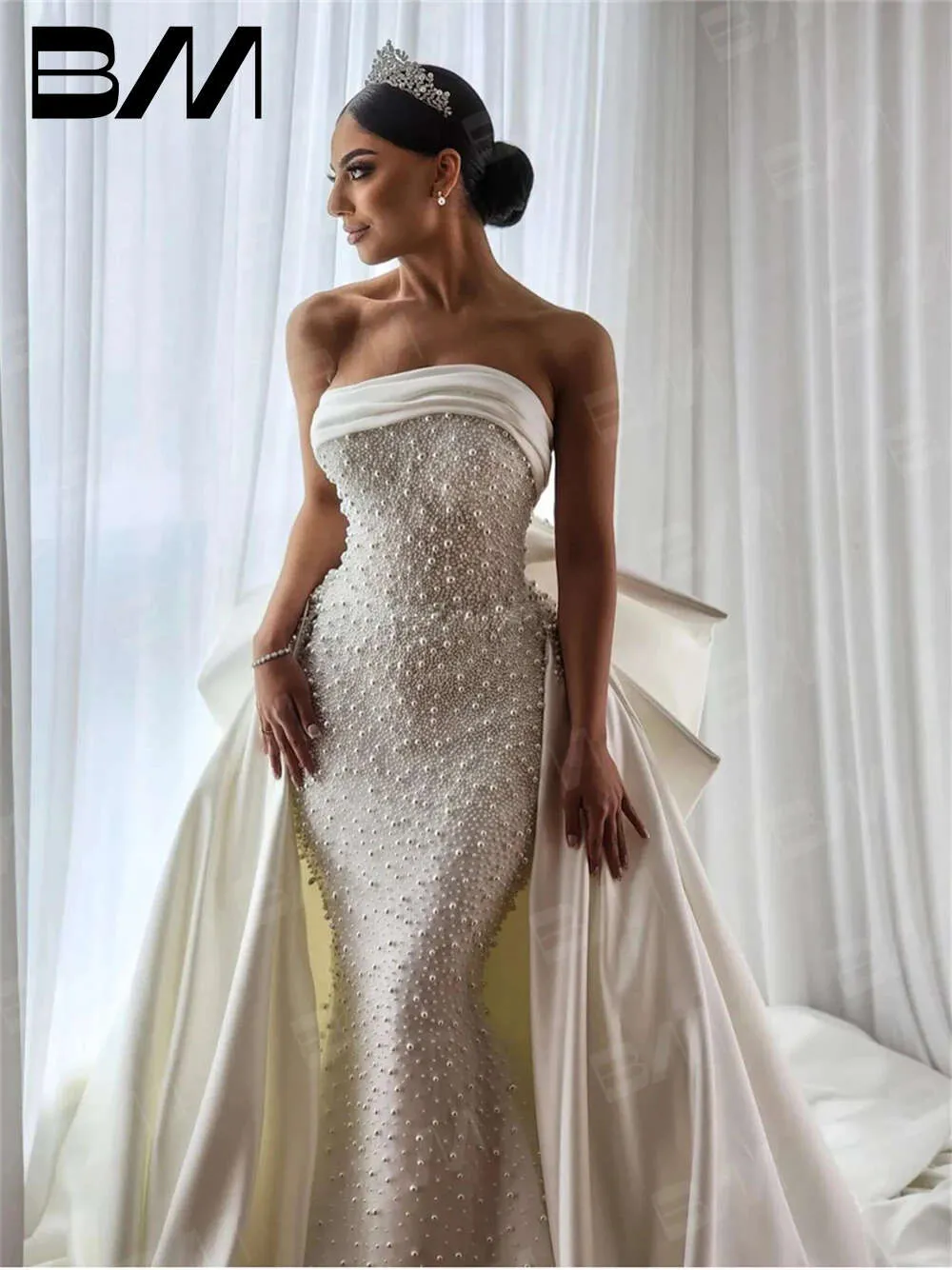 satin mermaid wedding dress strapless LA FEMME BRIDAL Style #B1414