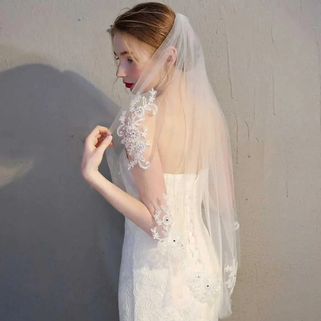 Jewelry Bridal Lace Embroidery Hollow Out Flower White And Ivory Veil Drop Wedding With Hair Comb Crystal Beads Wide_voghion.com