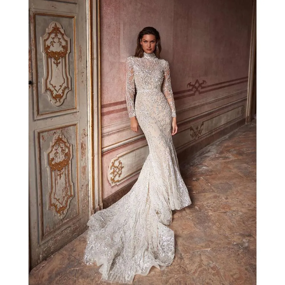 knee length dresses for ladies Chic And Romantic Lace High-Neck Long Sleeve Mermaid Wedding Dress