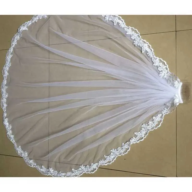 Gioielli per capelli Elegante abito da sposa a un livello con lunghezza punta delle dita Velo da sposa Veli da sposa con bordo applicato in pizzo per la sposa_voghion.com