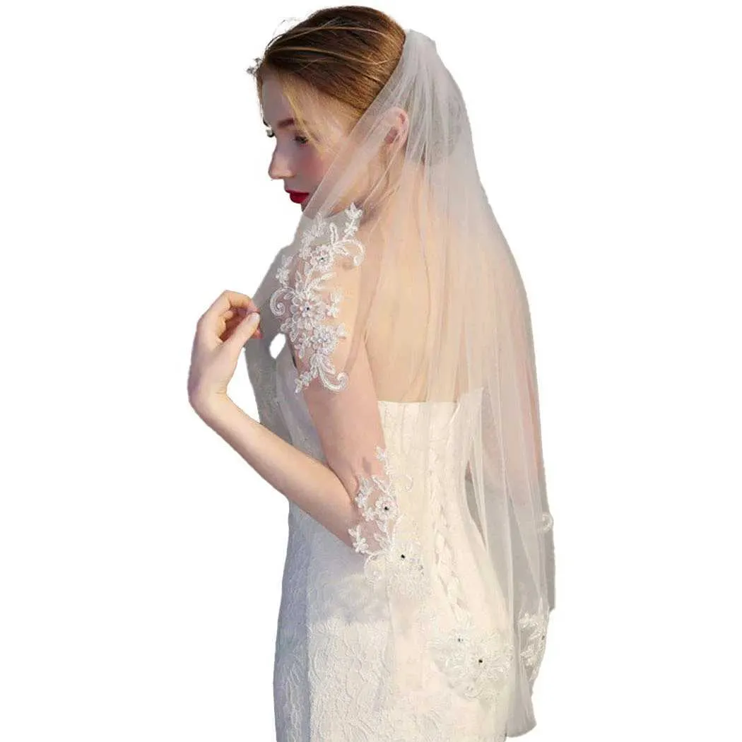 Jewelry Bridal Lace Embroidery Hollow Out Flower White And Ivory Veil Drop Wedding With Hair Comb Crystal Beads Wide_voghion.com