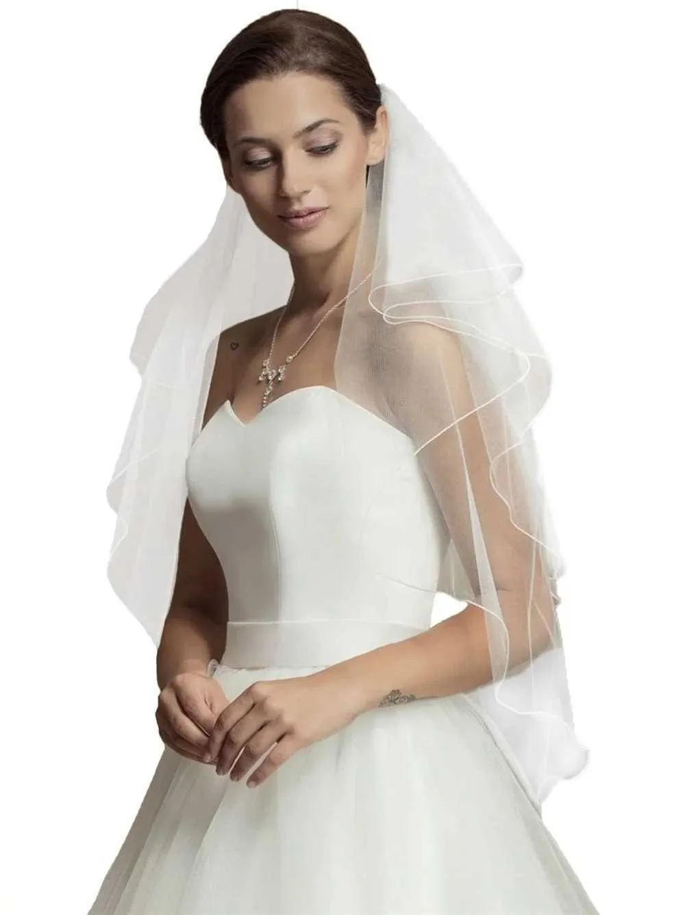 Jewelry 2023 New Wedding Veil Waist Length Short Bride Hair Accessoies Bridal Tulle with Comb and Pencil Edge (White_voghion.com