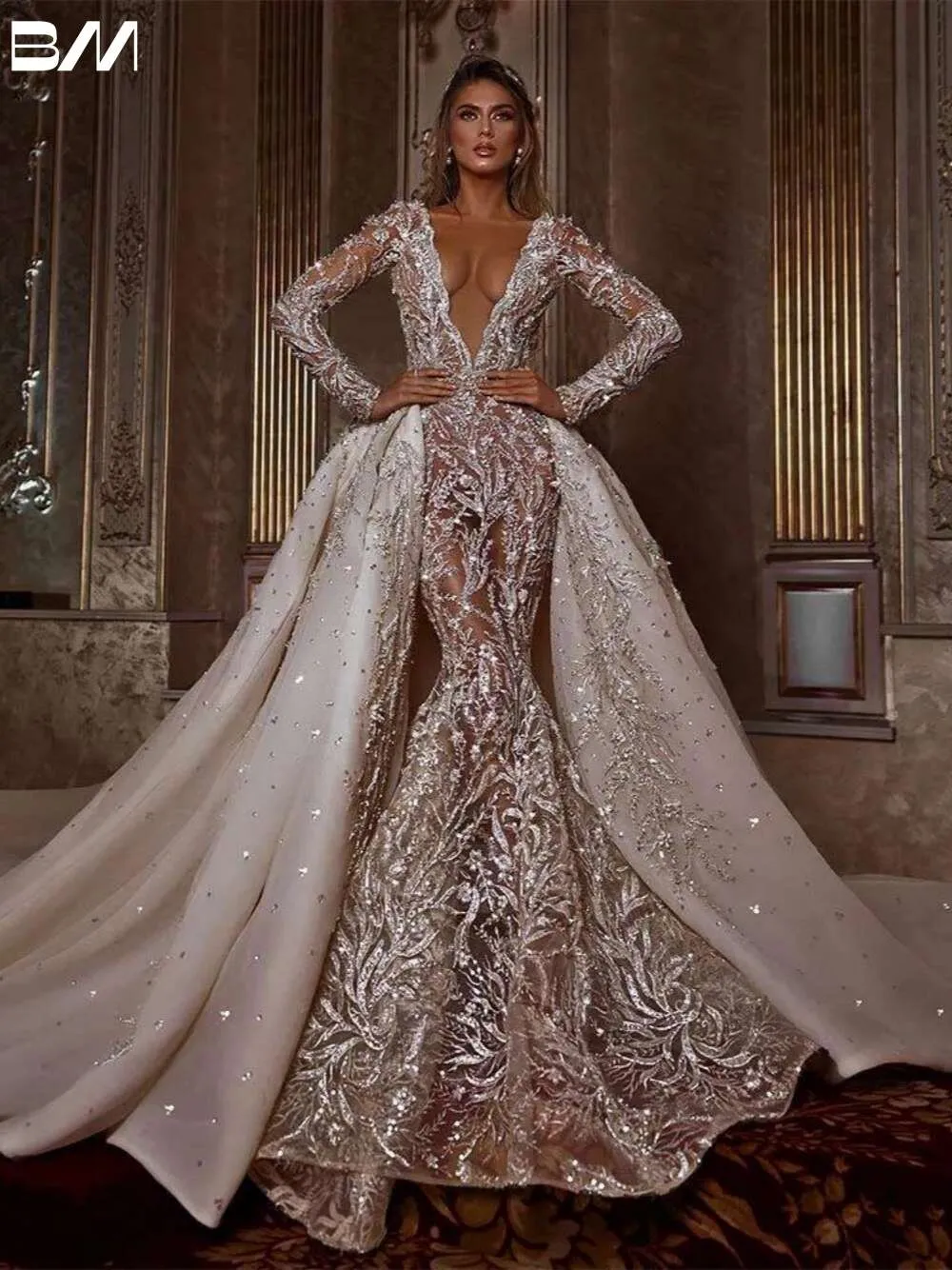 open lace back dress Modern Matte Satin Wedding Dress with Sheer Organza Overlay and Detachable Beaded Jacket main image 0