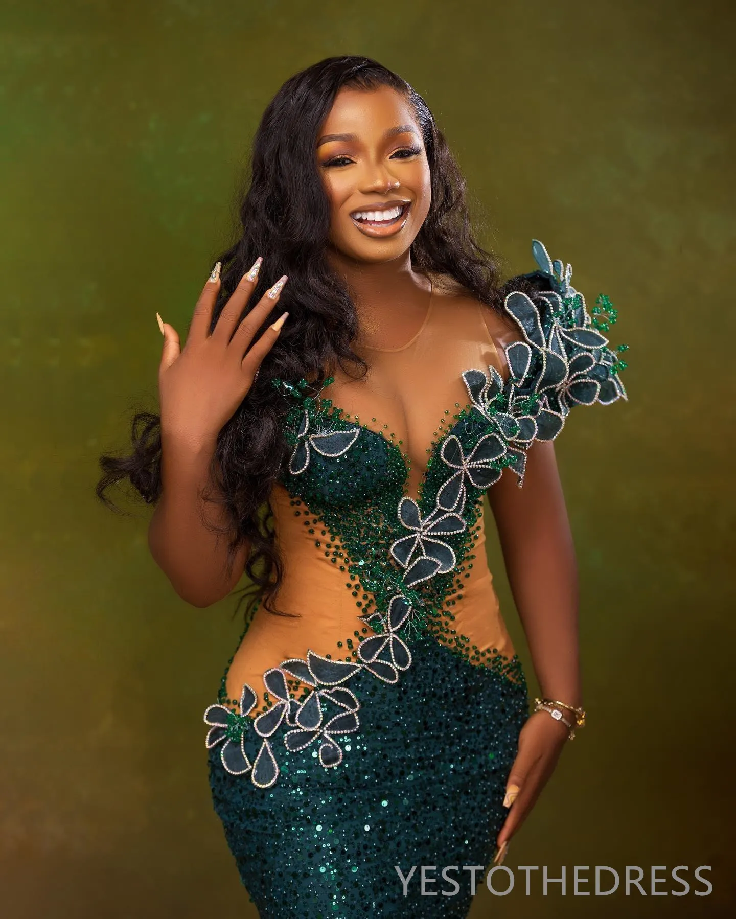 Green Plus Size prom dress with Illusion Sheer Neckline, Beaded Lace, and Pearls - Perfect for Special Occasions, Evening Events, Birthdays, or