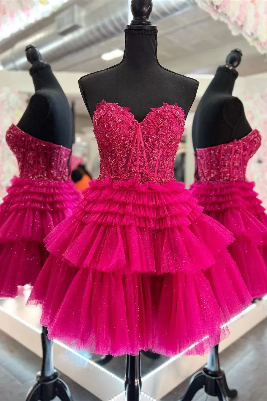strapless open back dress Short Bright Fuchsia Pink Beaded Homecoming Dress