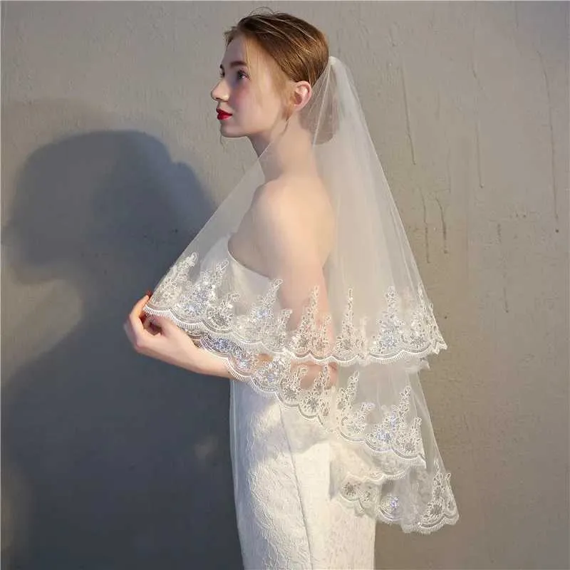 Gioielli per capelli Elegante velo da sposa con bordo in pizzo a due strati con pettine per accessori da sposa_voghion.com