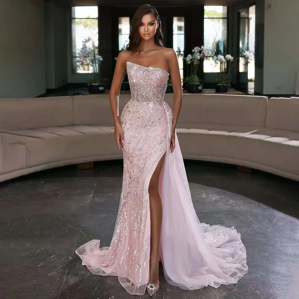 Strapless Sequined Tulle Evening Dresses High Split Mermaid Beaded Prom Gowns 2024