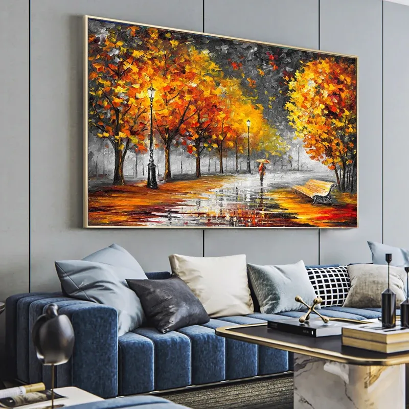 Rain Street Tree Lamp Knife Landscape Autumn Oil Painting On Canvas Wall Art For Large Living Room Home Decor From Yiwumeixiang 4.03 DHgate.Com