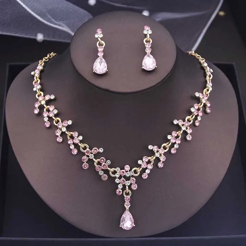 DHgate Exquisite Pink Crystal Bridal Jewelry Set for Women Necklace and Earring Set Jewelry