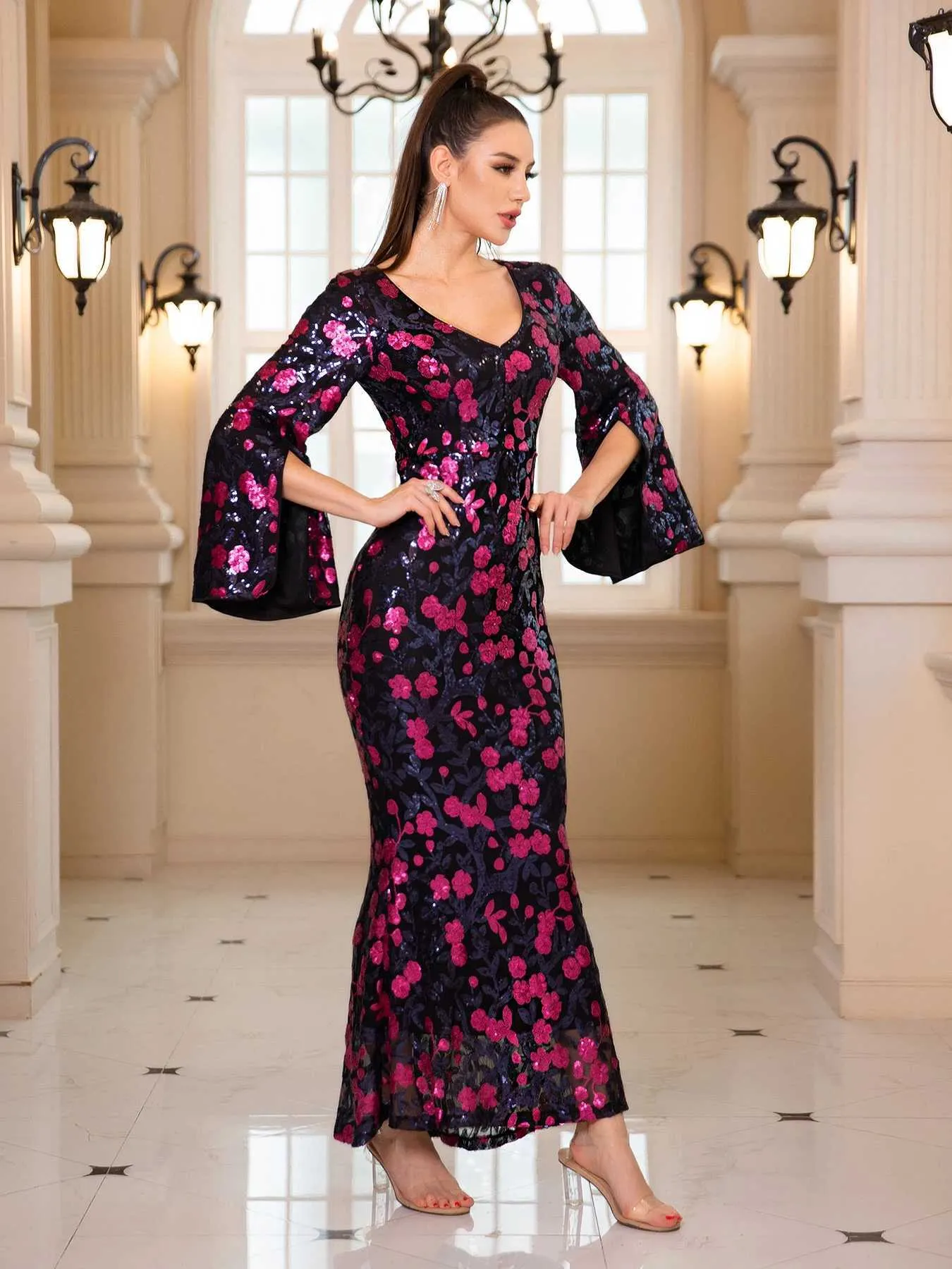 Floral Sequined V Neck Long Sleeve Dinner Dress For Women Runway Prom Gown With Flare Slves And Evening Party Style T240518 From Us juneau 9.35 DHgate.Com