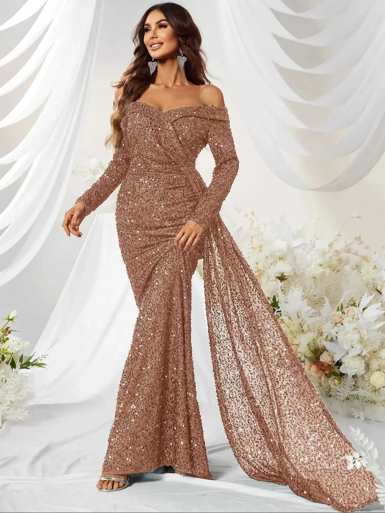 slim fit dress slacks High Neck Keyhole Halter Stretch Sequin Top/ Black Crepe Knit Gown main image 1