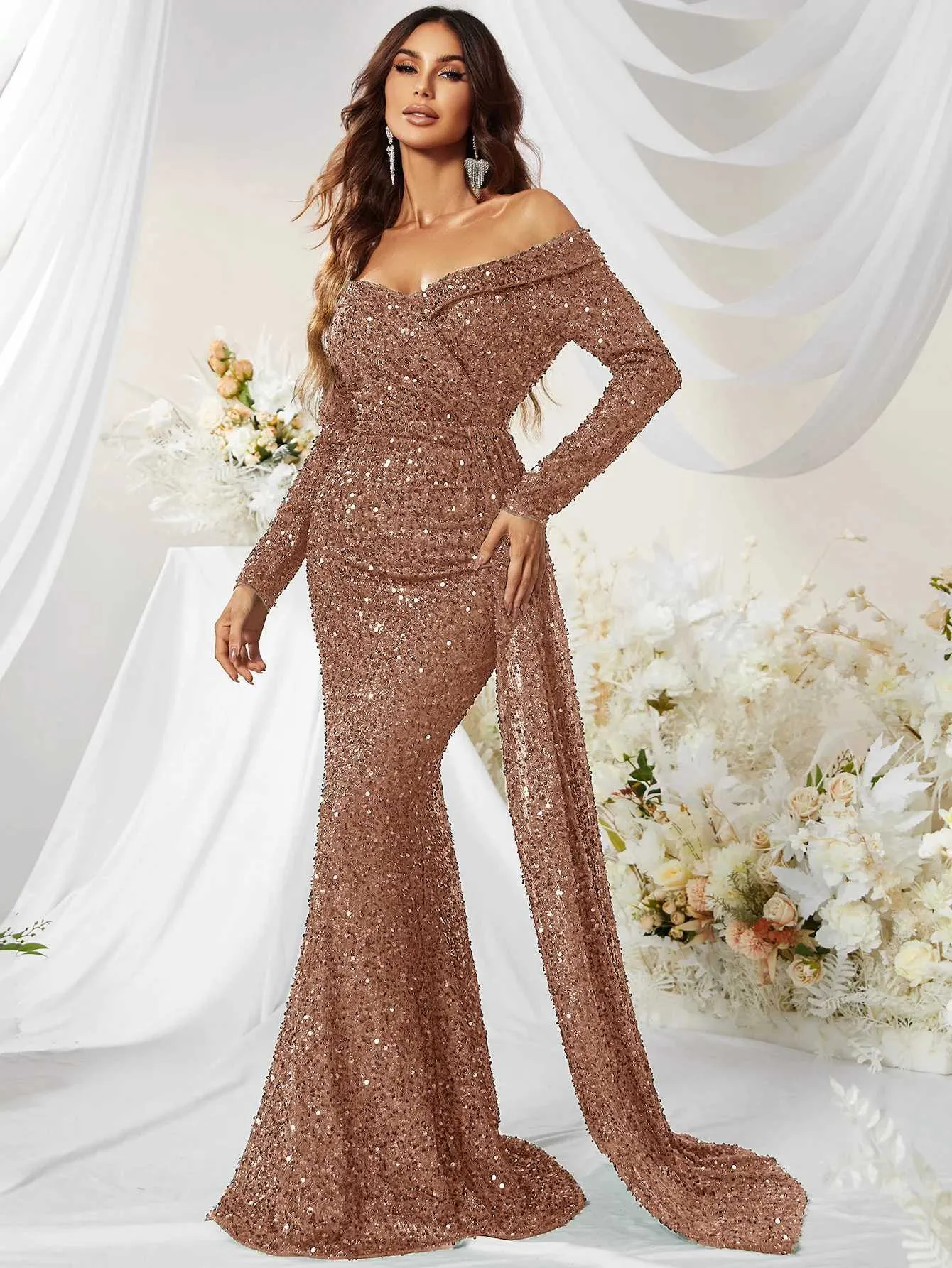 YISIKADO Womens Off Shoulder Draped Side Sequin Mini Evening Dress with  Sweep Train from Dhgate Runway Dresses - price 18.54