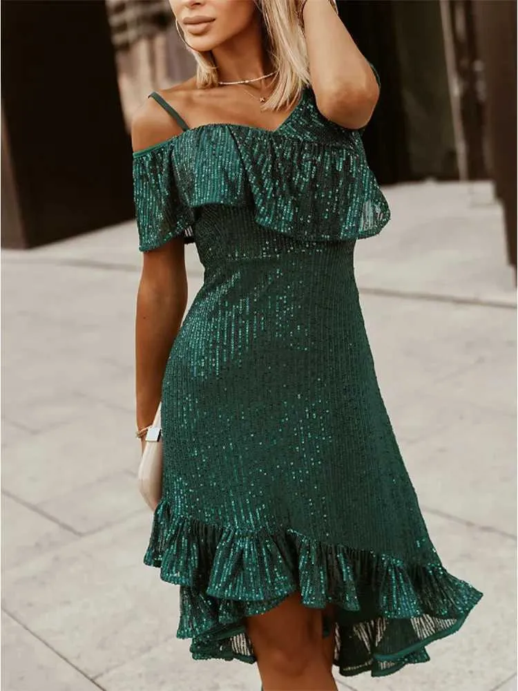 Plus Size Sequin Ruffle Dress for Women V Neck Off Shoulder Slim Fit Dress for Summer Party