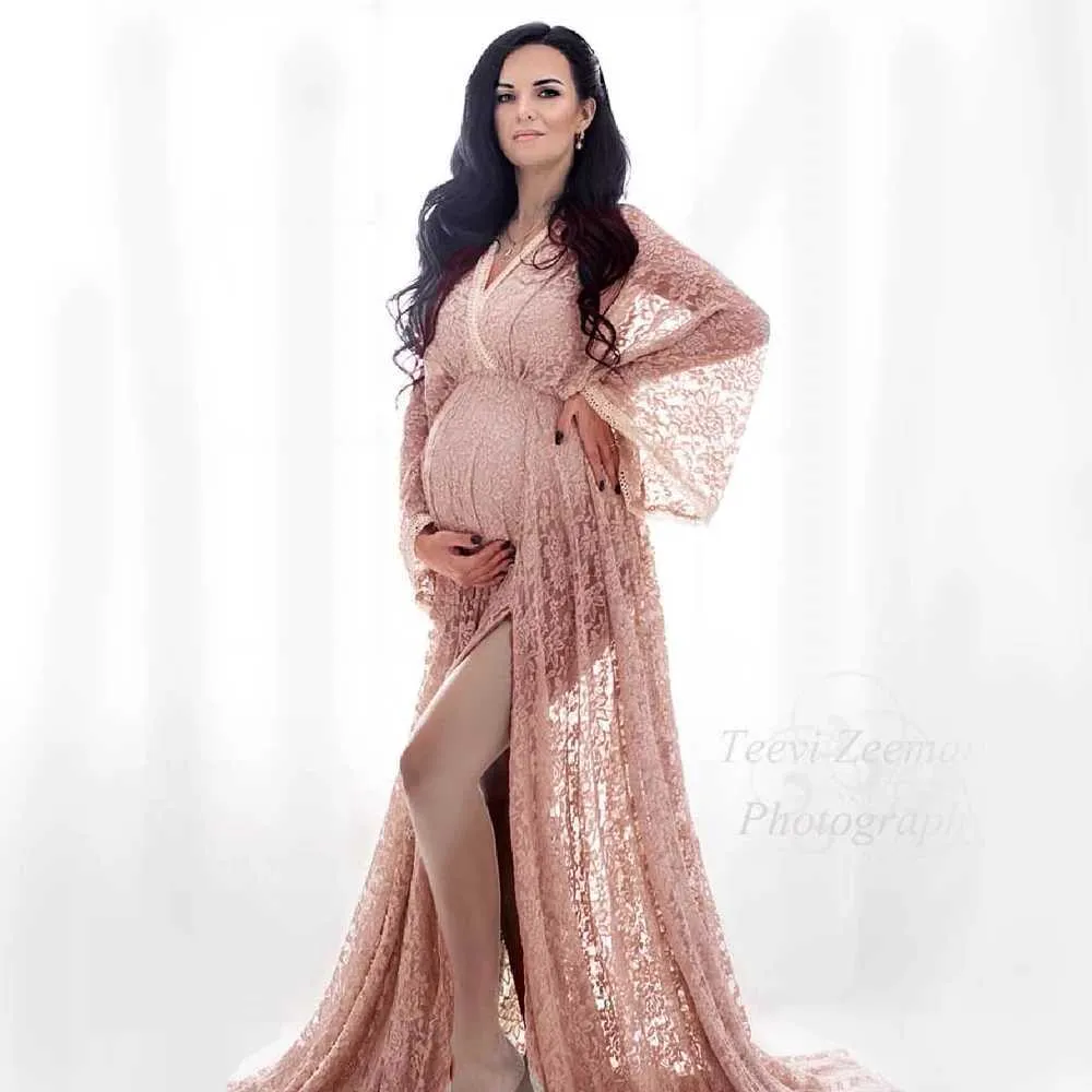 chinese dress ladies Women's Long Sleeve V Neck White Lace Floral Maternity Gown Maxi  Photography Dress at Amazon Women's Clothing store main image 1
