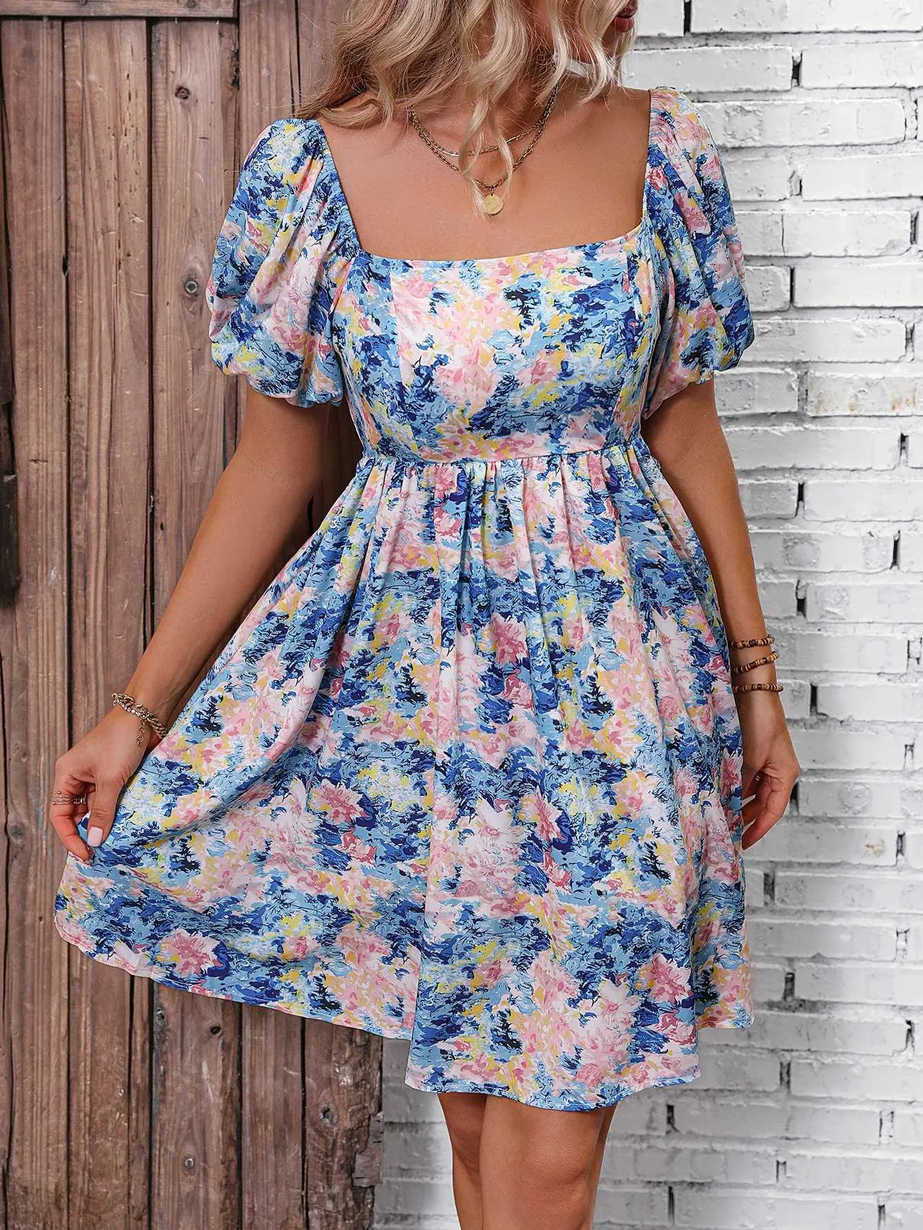 DHgate Casual Floral Print Puffy Short Sleeve Womens Summer Mini Dress Apparel