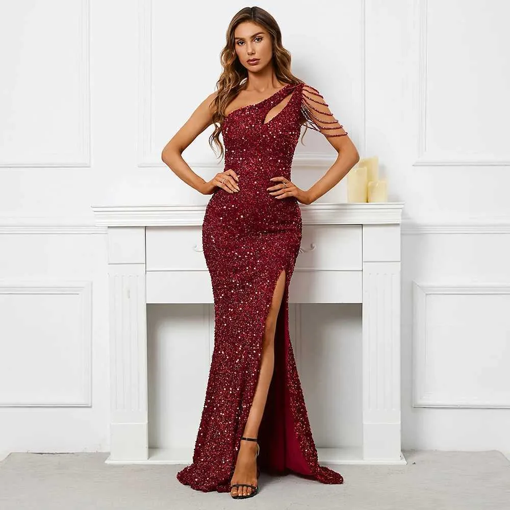 Burgundy Sequin One-Shoulder Dress Women Floor-Length Trumpet Silhouette  Beading Evening Maxi Dress from Dhgate Runway Dresses - price 34.3