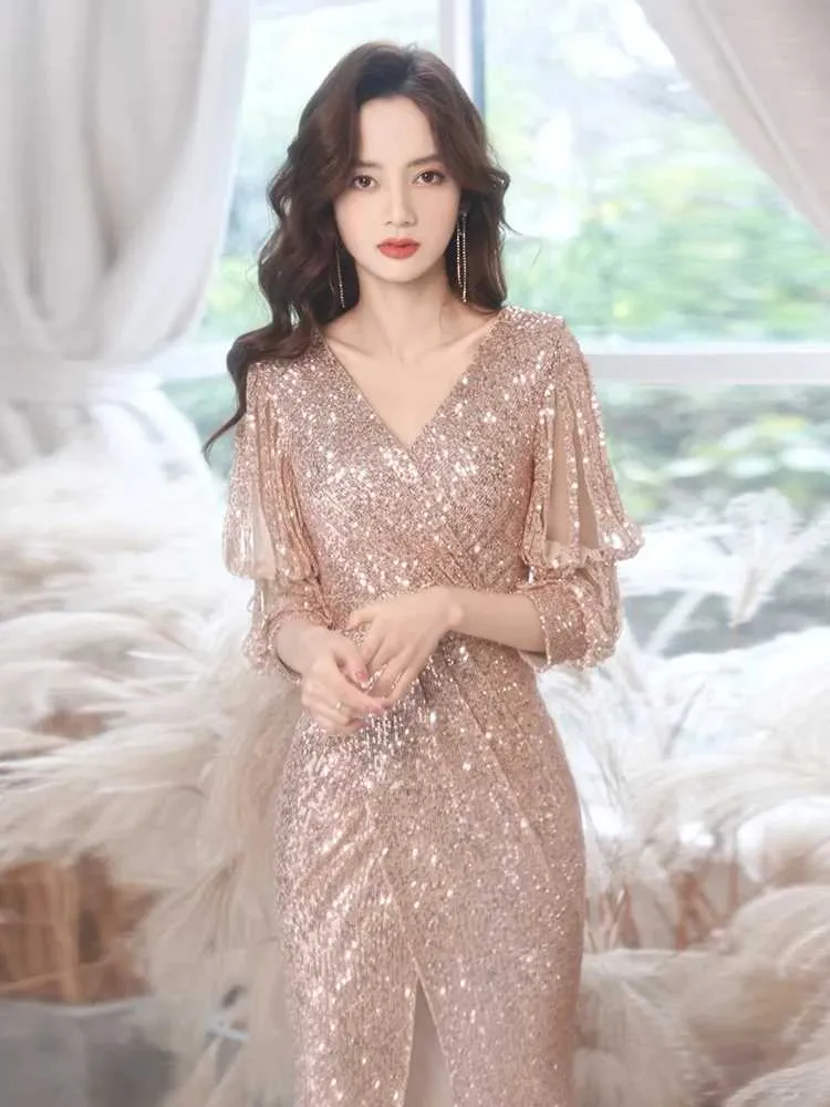 Maxi Dress Gold Sequin Evening Dress Women Formal Floor-Length Trumpet  Mermaid Dress with V-Neck and Built-in Bra from Dhgate Runway Dresses -  price 33.43