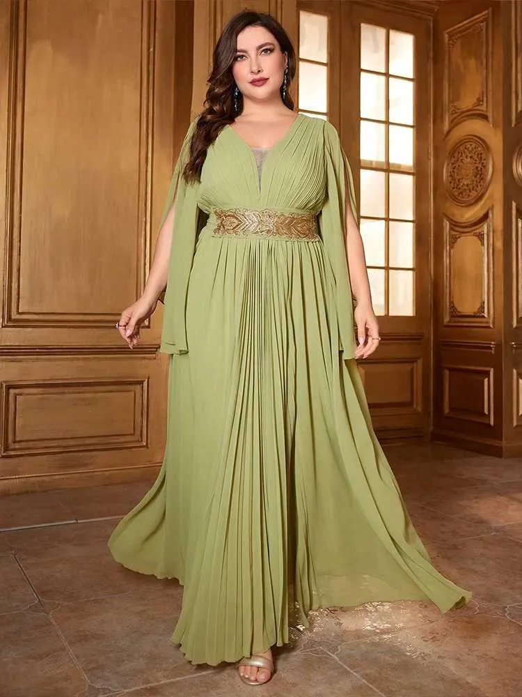 Mustard Chiffon Plus Size Maxi Dress with Elegant Embroidered V-neck