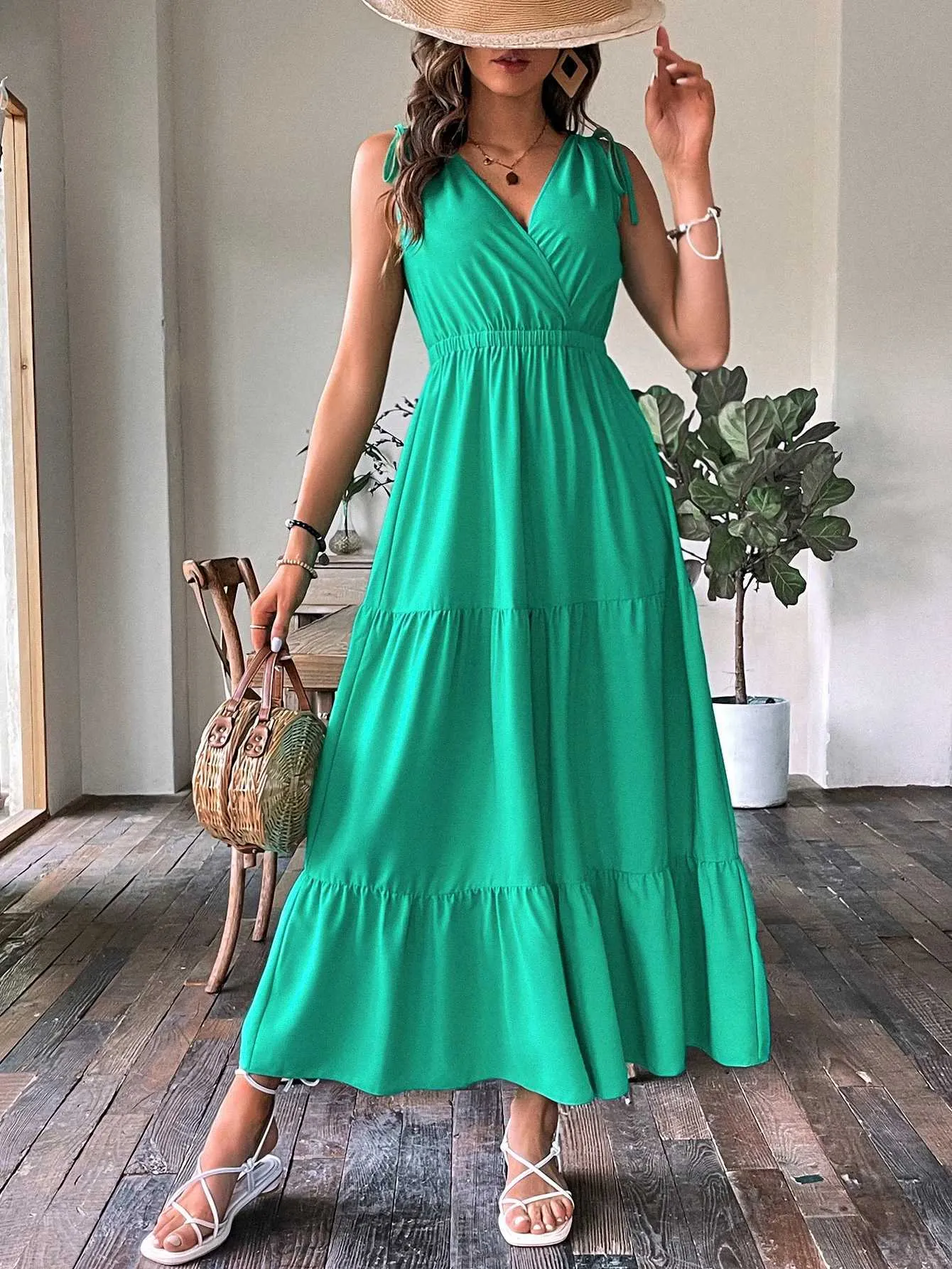 Runway Dresses Casual Summer Ankle-Length Sleeveless V-Neck Polyester Dress  with Elastic Waist and Lace Decoration