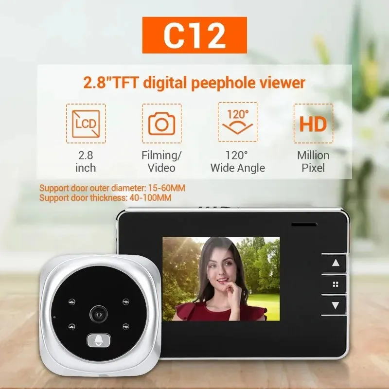 120° Wide-View Peephole Digital Video Doorbell Camera with Night