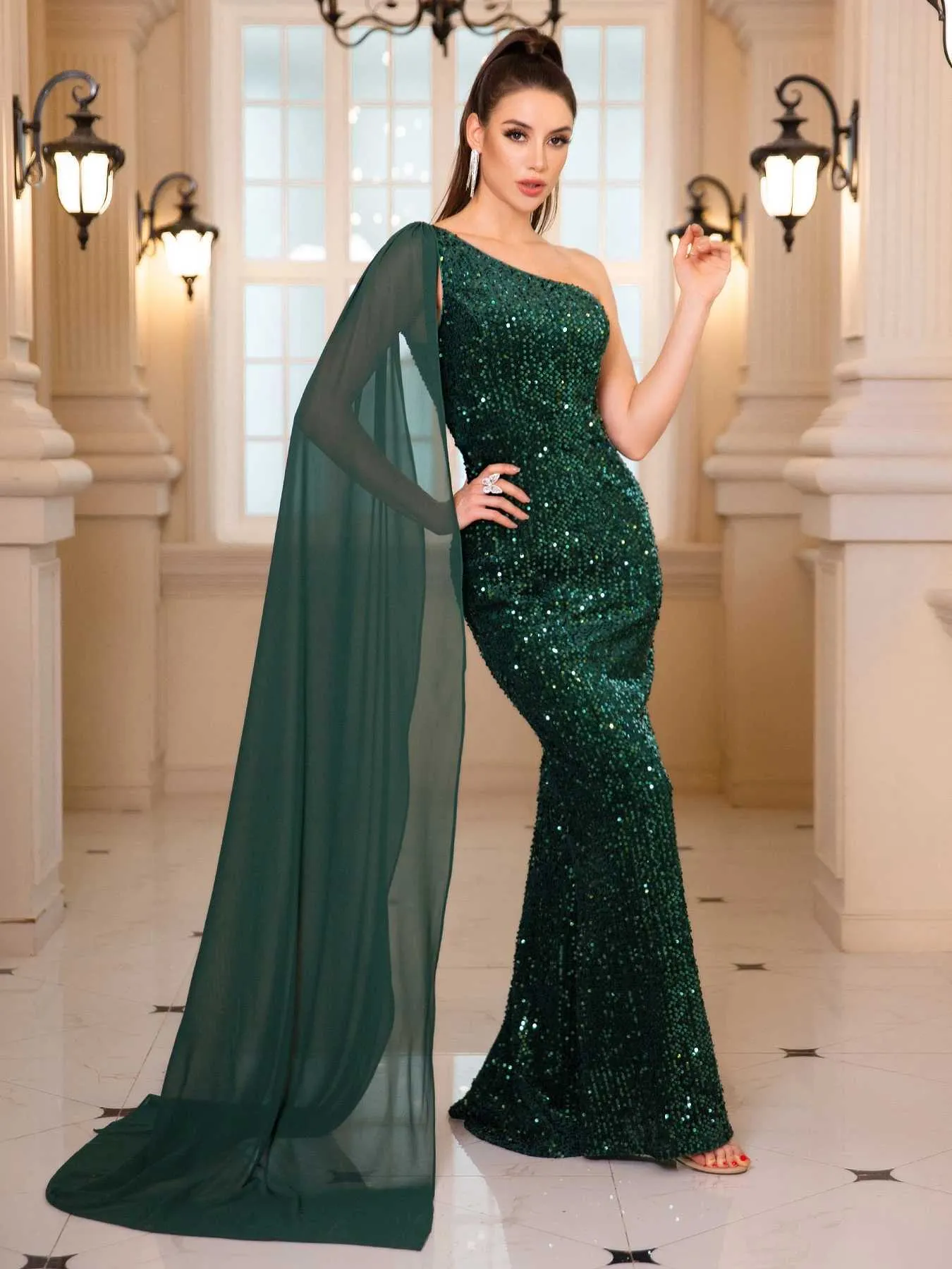 slim fit dress slacks Mermaid Green Sequin Sparkly One Shoulder Women Long Prom Dresses, Eve –  bridalsew