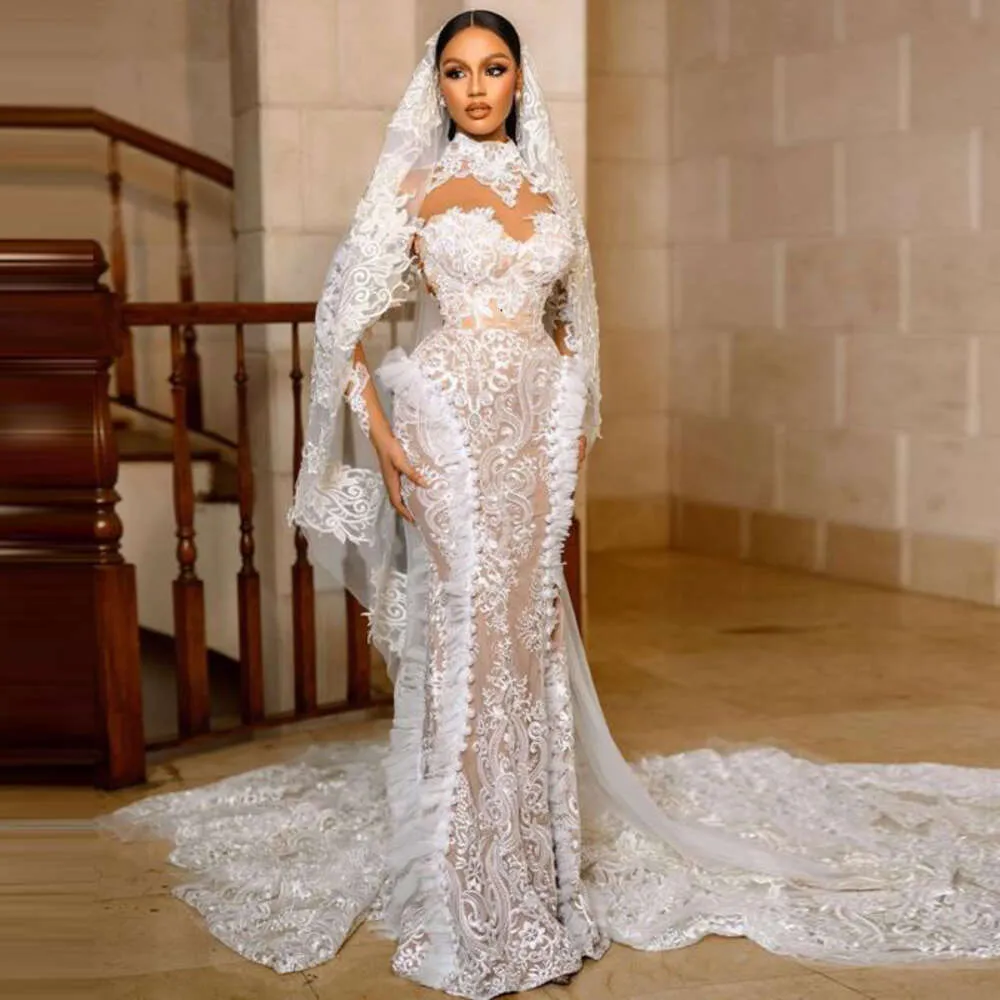 Retro Lace Mermaid Drs Saudi Arabie High Neck Sheer Long Sleev Bridal Robes  Sway Train Wedding Vtidos Avec Veil 0518 Du 475,77 € | DHgate, image size:1000x1000