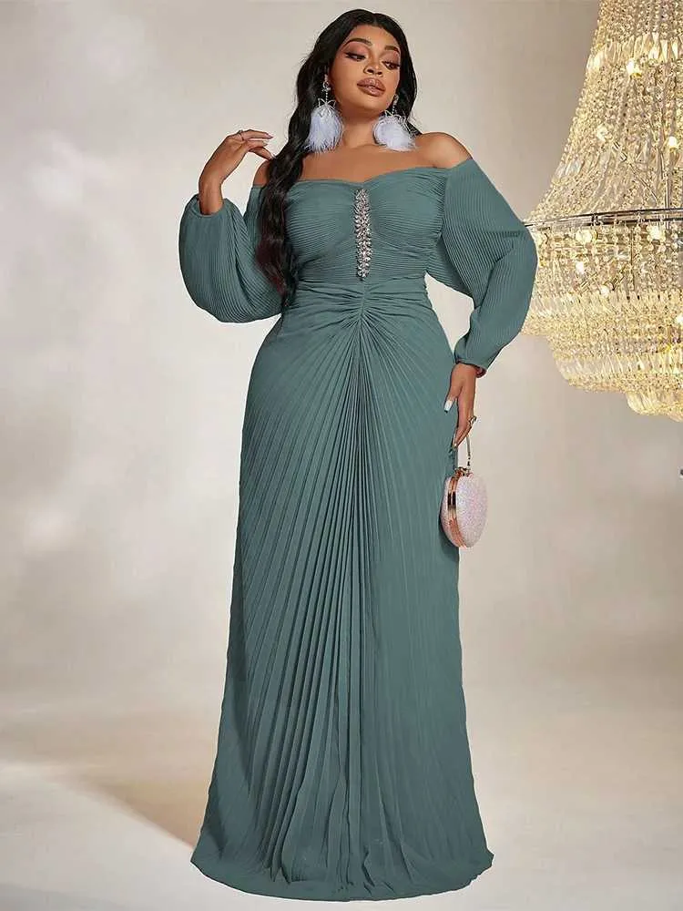TOLN Elegant Chiffon Plus Size Maxi Dresses For Plus Size Women One Line Shoulder With Beaded Details Perfect For Parties Weddings And Evening Events T240518 From Us juneau 7.07 DHgate.Com