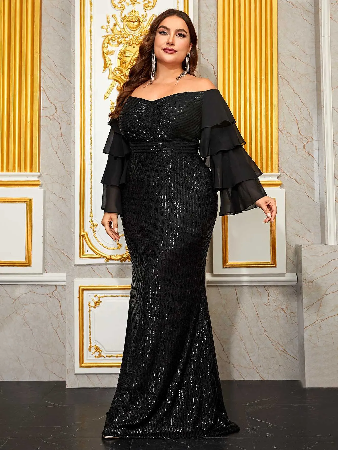 YISIKADO Giffniseti Plus Off Shoulder Ruffle Trim Mermaid Hem Sequin Formal  Evening Dress Floor-Length from Dhgate Runway Dresses - price 27.83