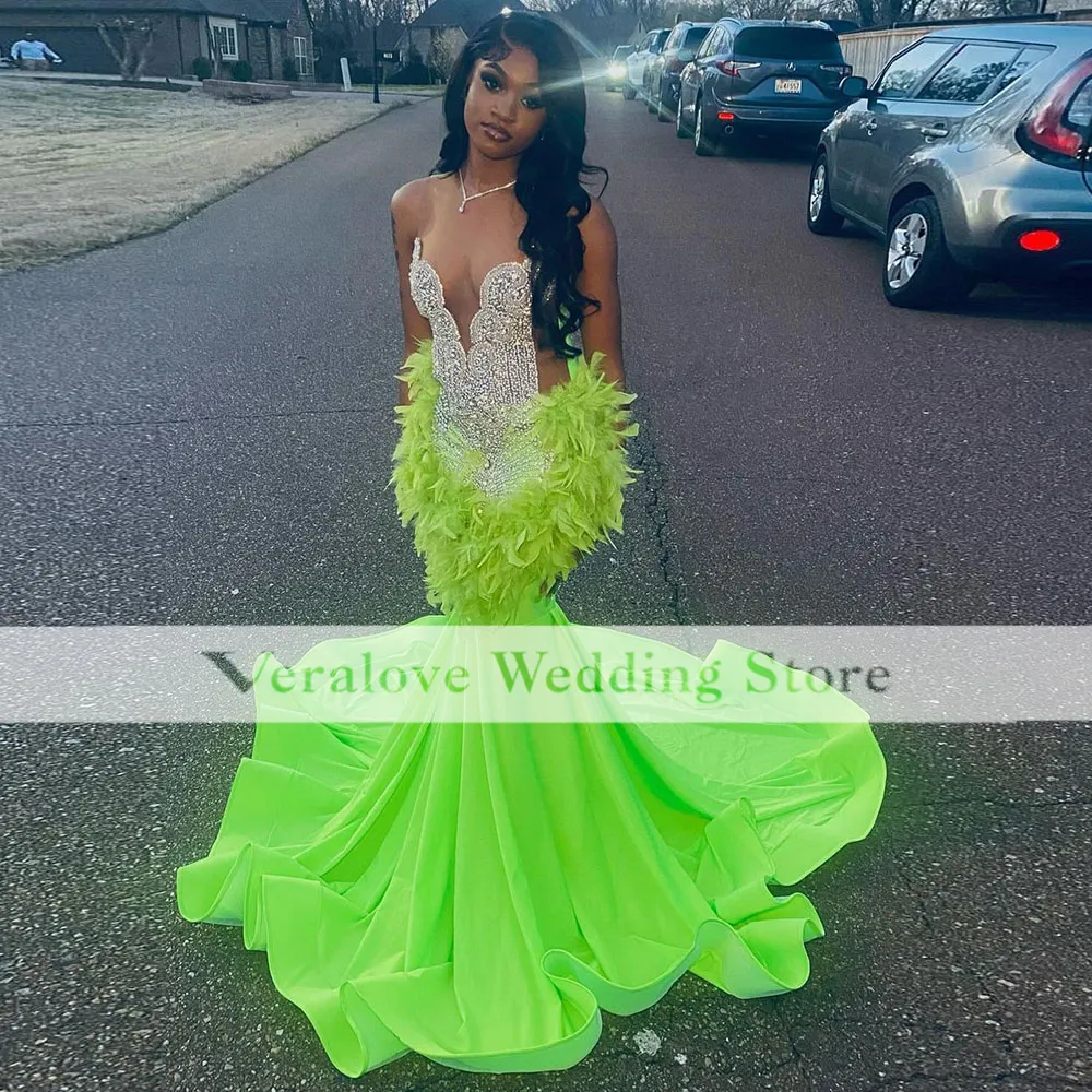 2024 Elegant Green Mermaid Neon Green Prom Dress For Black Girls With Sheer Neckline Beaded Feathers And Party Gown Design From Alsenlife 175.13 DHgate.Com