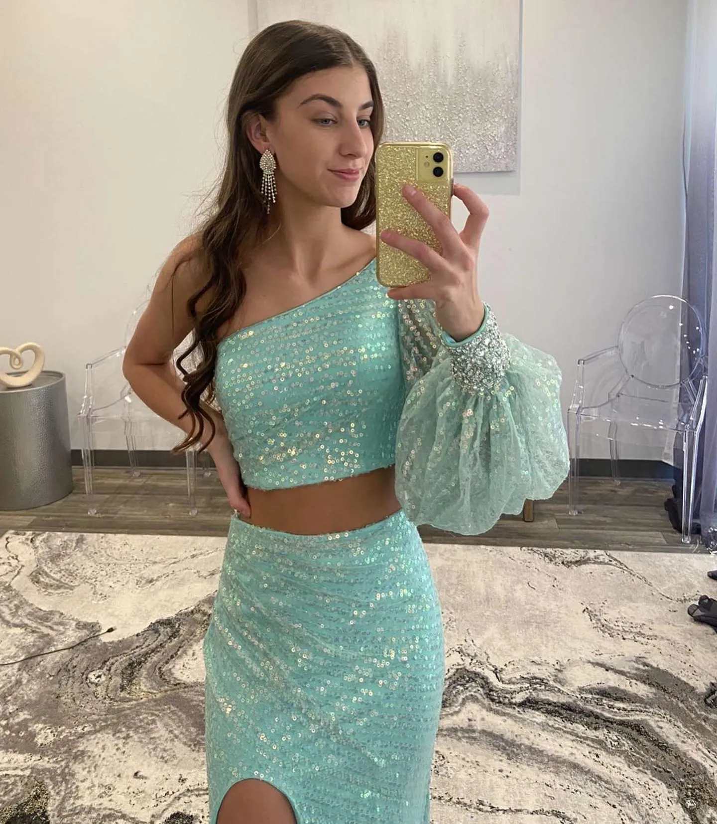 Two Pieces Prom Dresses 2024 with One Puff Sleeve High Slit Long Met Gala Pageant Gowns Beaded Sequins Evening Wedding Formal Party Dress Hoco