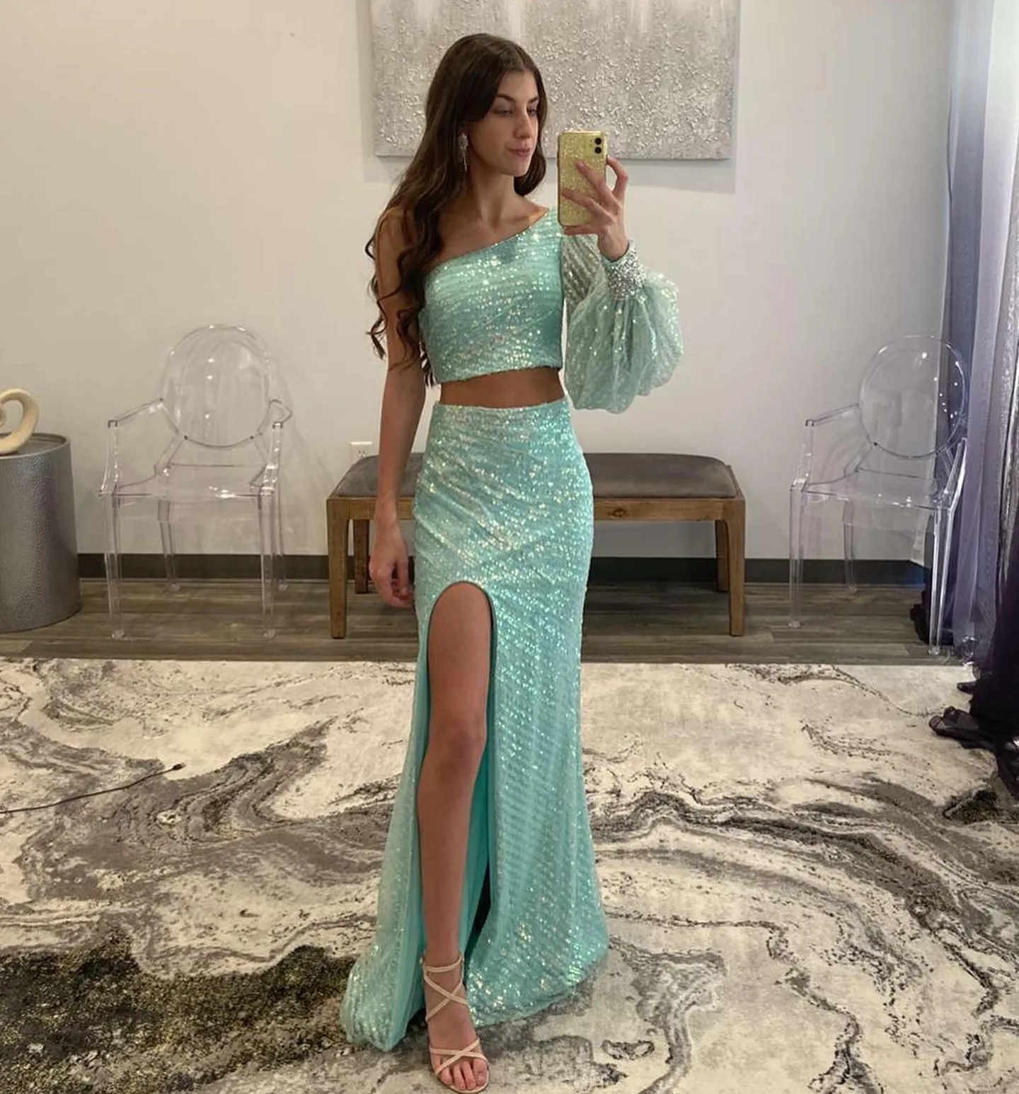 Two Pieces Prom Dresses 2024 with One Puff Sleeve High Slit Long Met Gala Pageant Gowns Beaded Sequins Evening Wedding Formal Party Dress Hoco