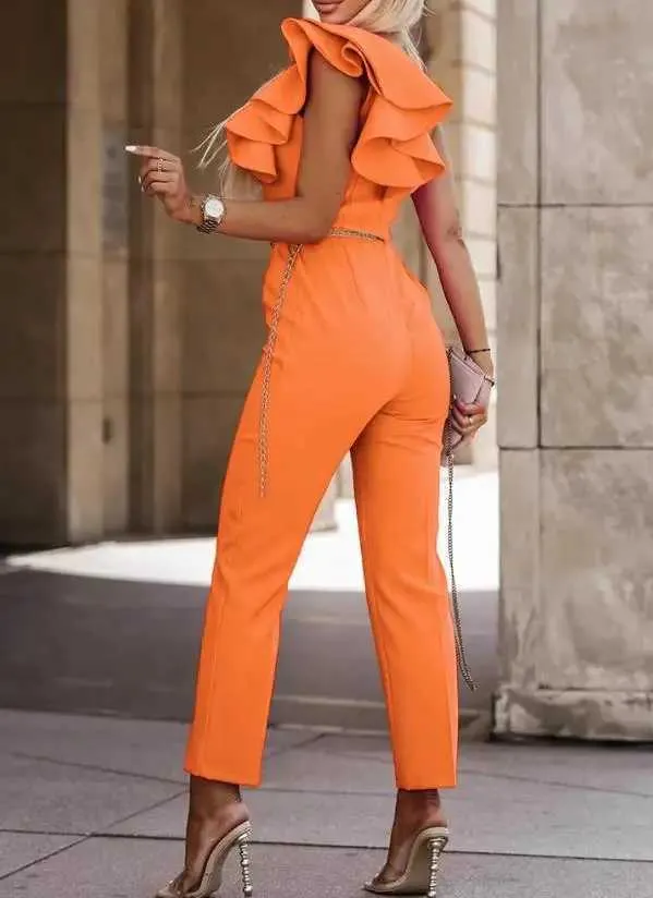 Sleeveless Ruffle Hem Jumpsuits for Women 2024 Elegant One Shoulder Solid Color Jumpsuit