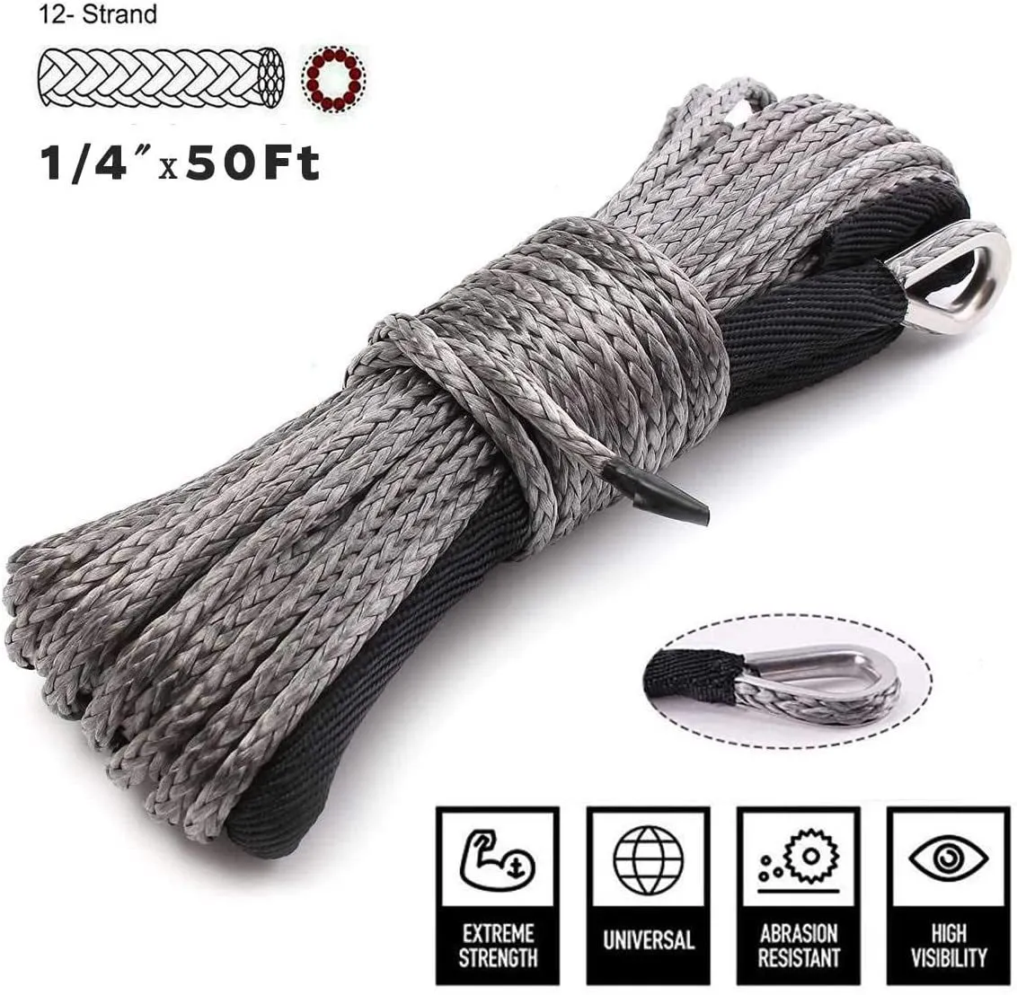 Gray Synthetic Winch Rope String With Sheath 15m Length, 7700LBs For