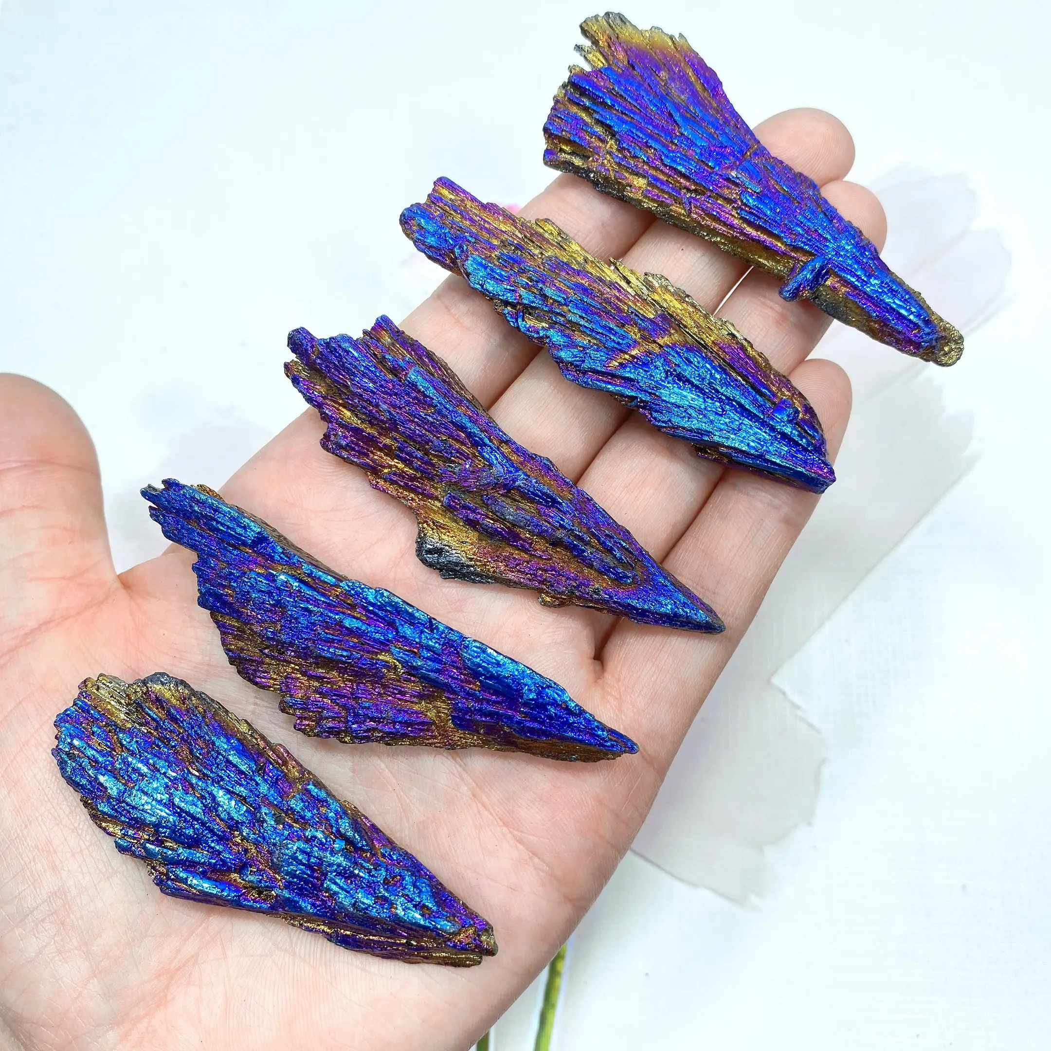 Colorful Tourmaline Electroplated Healing Crystal Rock Stone Peacock Feather Decor