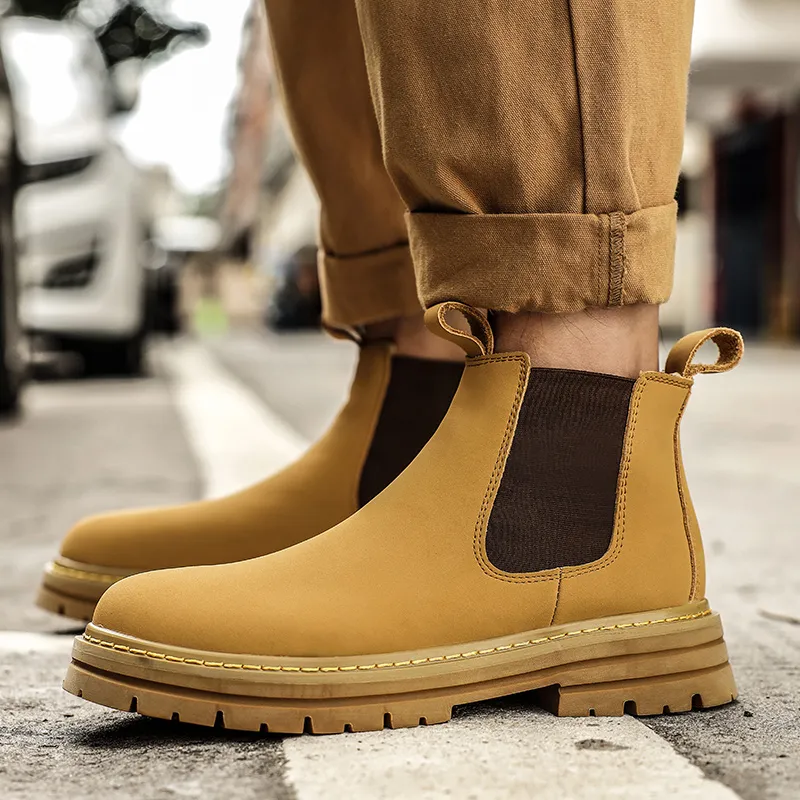 Men's Yellow Leather Ankle Boots High Quality Casual Outdoor Shoes,  Classic Style, Durable Top Boots for Men