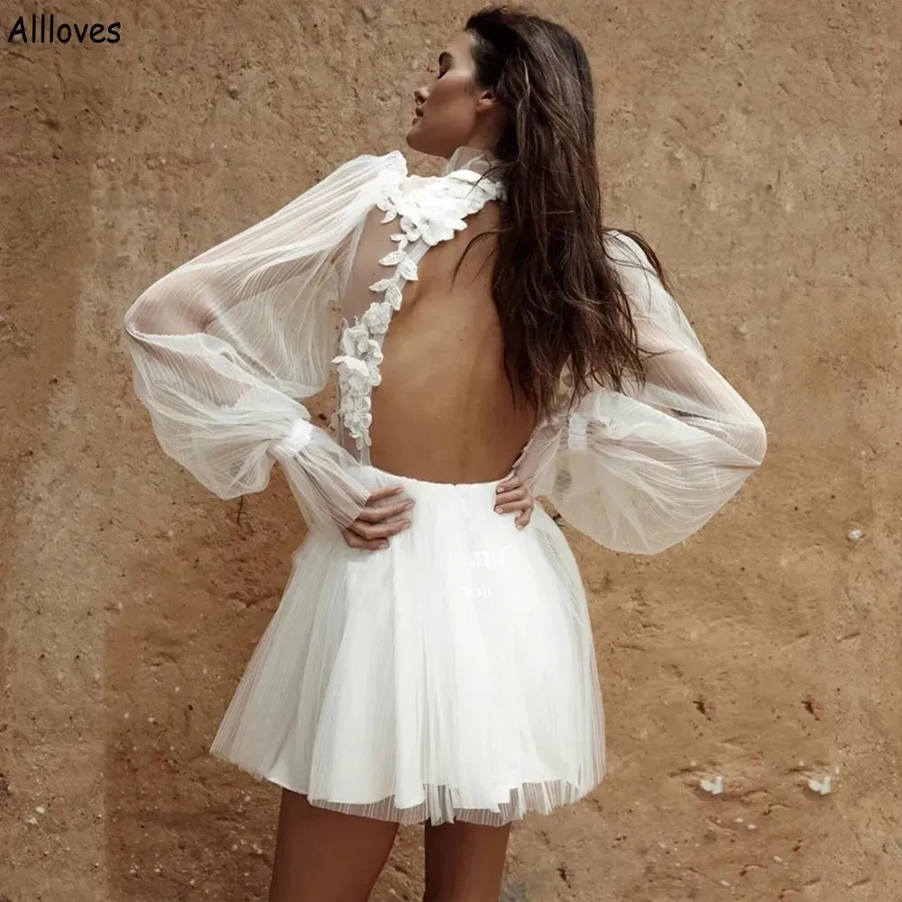 Fashion Poet Long Sleeves A Line Wedding Dresses For Brides High Collar  Floral Lace Appliqued Bridal Gowns Sexy Open Back Mini Short Tulle  Reception ...