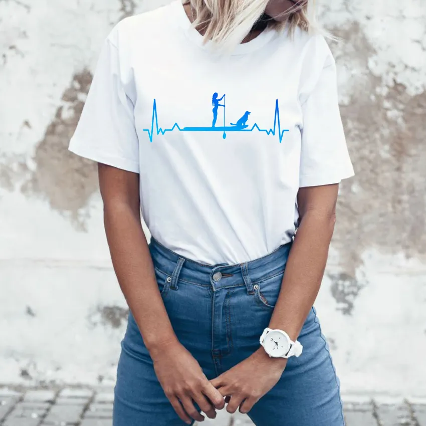 T-shirt SUP Stand Up Paddle - Design Heartbeat - 100% Coton - Pour Surfeurs Et Amateurs De Sports Nautiques