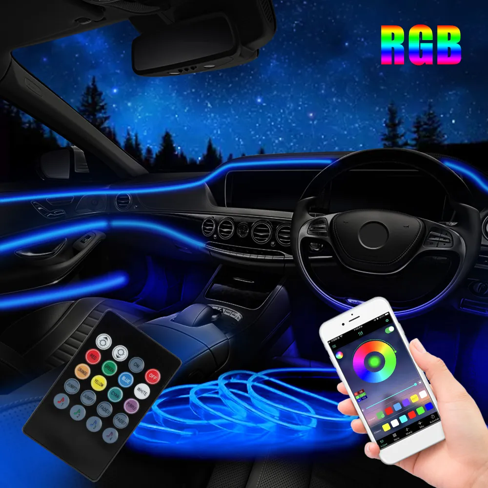 DHgate 6m Flexible RGB LED Car Strip Ambient Lighting Kit App Remote Control 5 Lens DC 12V Decorative Interior Lamp Lights Lighting
