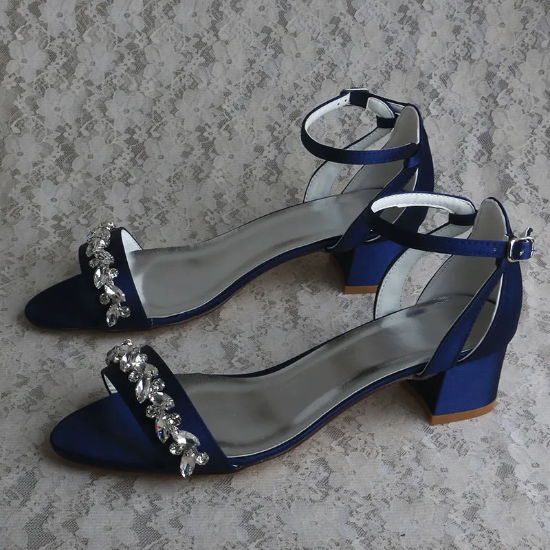 Elegant Navy Satin Wedding Shoes Chunky Low Heel Sandals with Crystal Brooches