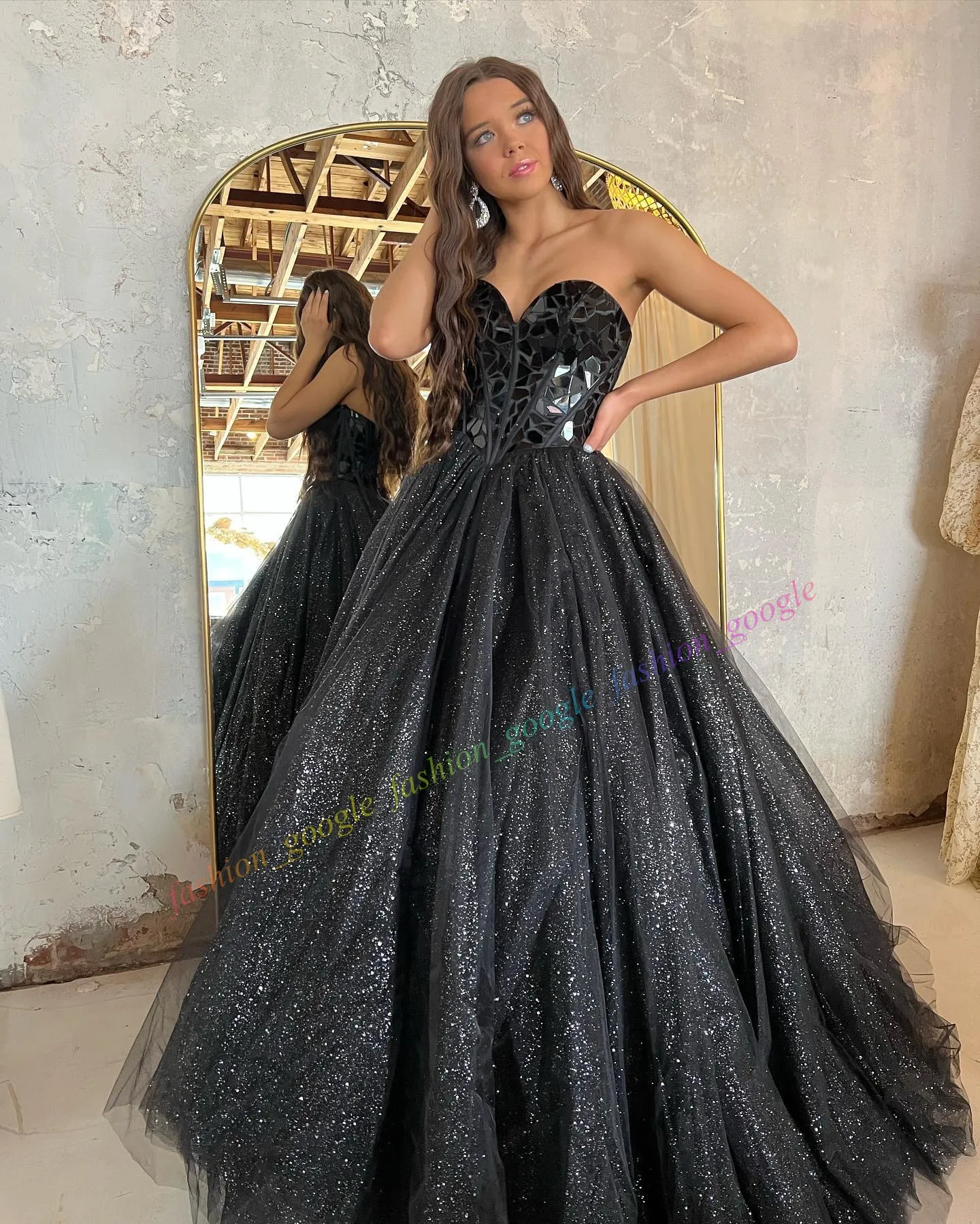 black glitter ball dress Black Sparkly Tiered Ruffle Prom Dresses Spagheti Strap Ball Gown FD35 –  Viniodress main image 0