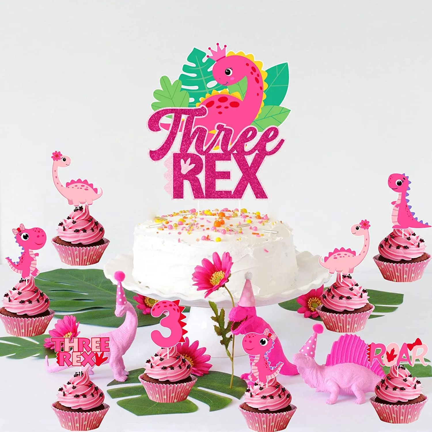 T Rex Glitter Cake Decor Three Rex Dinosaur Cake Toppers - Dinosaur 3rd ...