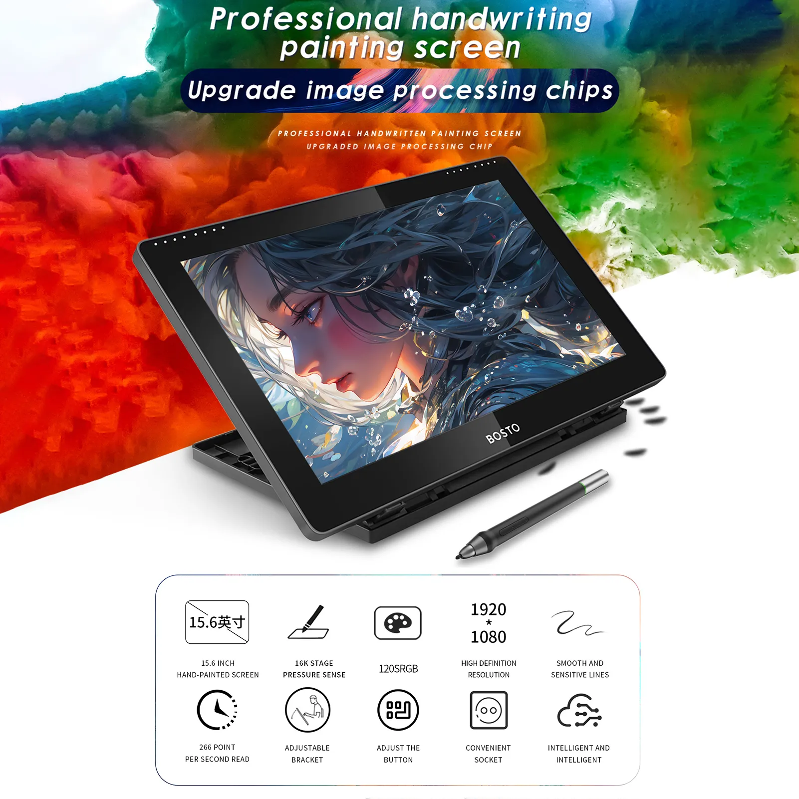 BOSTO 16HD 15.6 IPS Drawing Tablet Monitor w/ Rechargeable
